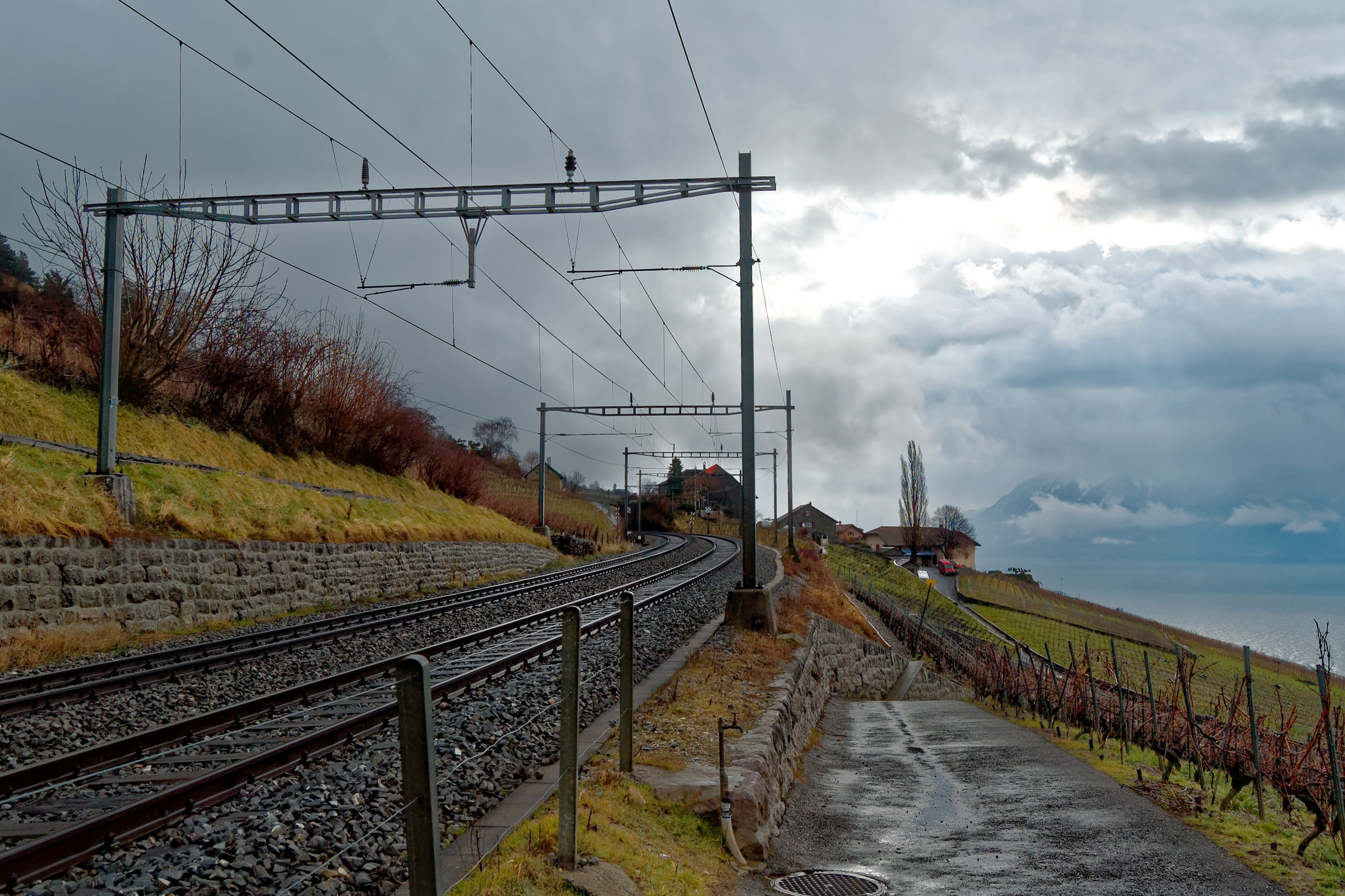 railway line, cable, switzerland, technology, connection, cloud - sky, sky, nature, electricity, power supply, outdoors, no people, power line, lavaux, HD Wallpaper