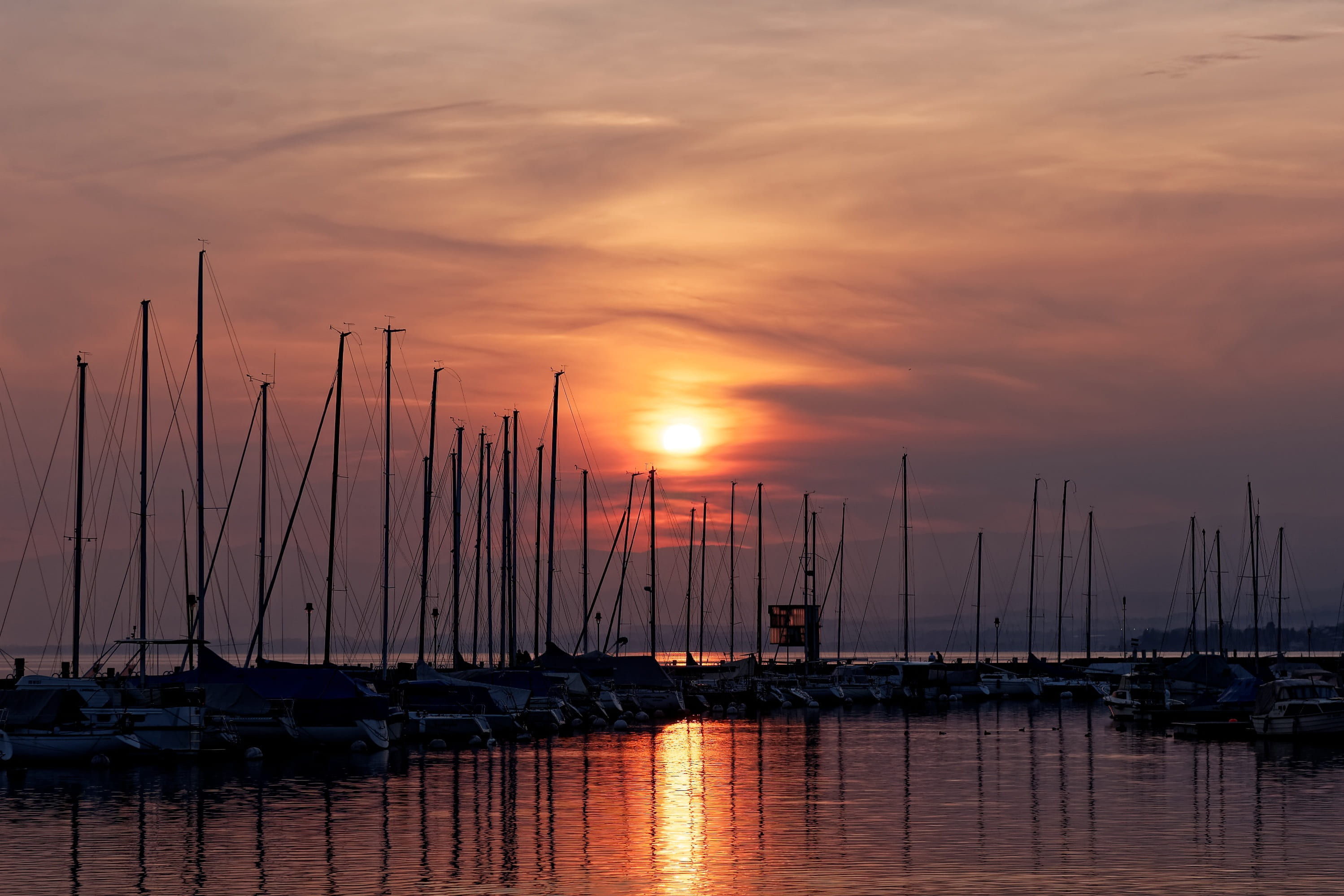 transportation, orange color, sailboat, scenics - nature, vaud, mast, léman, reflection, ouchy, water, outdoors, 2K, mode of transportation, lac, lausanne, HD Wallpaper