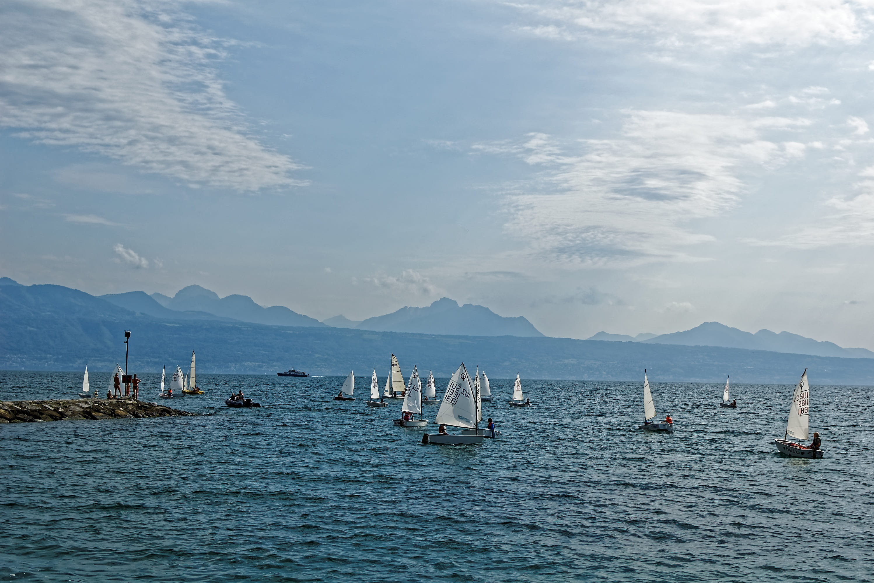 mountain, sailboat, mountain range, nature, regatta, vaud, 2K, ship, waterfront, Water, sail, holiday, cloud - sky, mood, yacht, transportation, Boot, HD Wallpaper