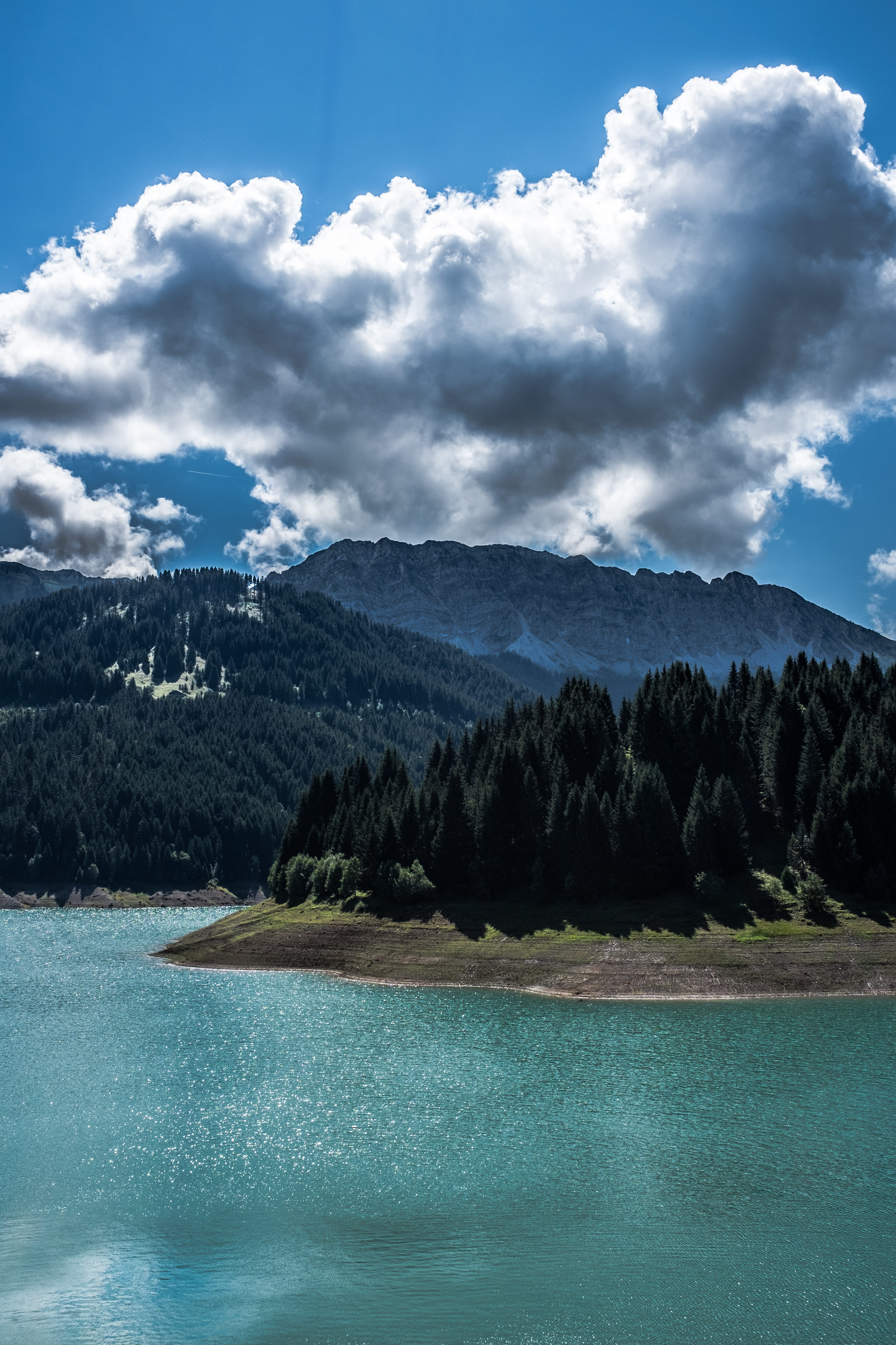 landscape, beauty in nature, non-urban scene, sky, view into land, tree, switzerland, no people, contrast, hongrin, lake, barage, mountain, tranquility, Phone HD Wallpaper