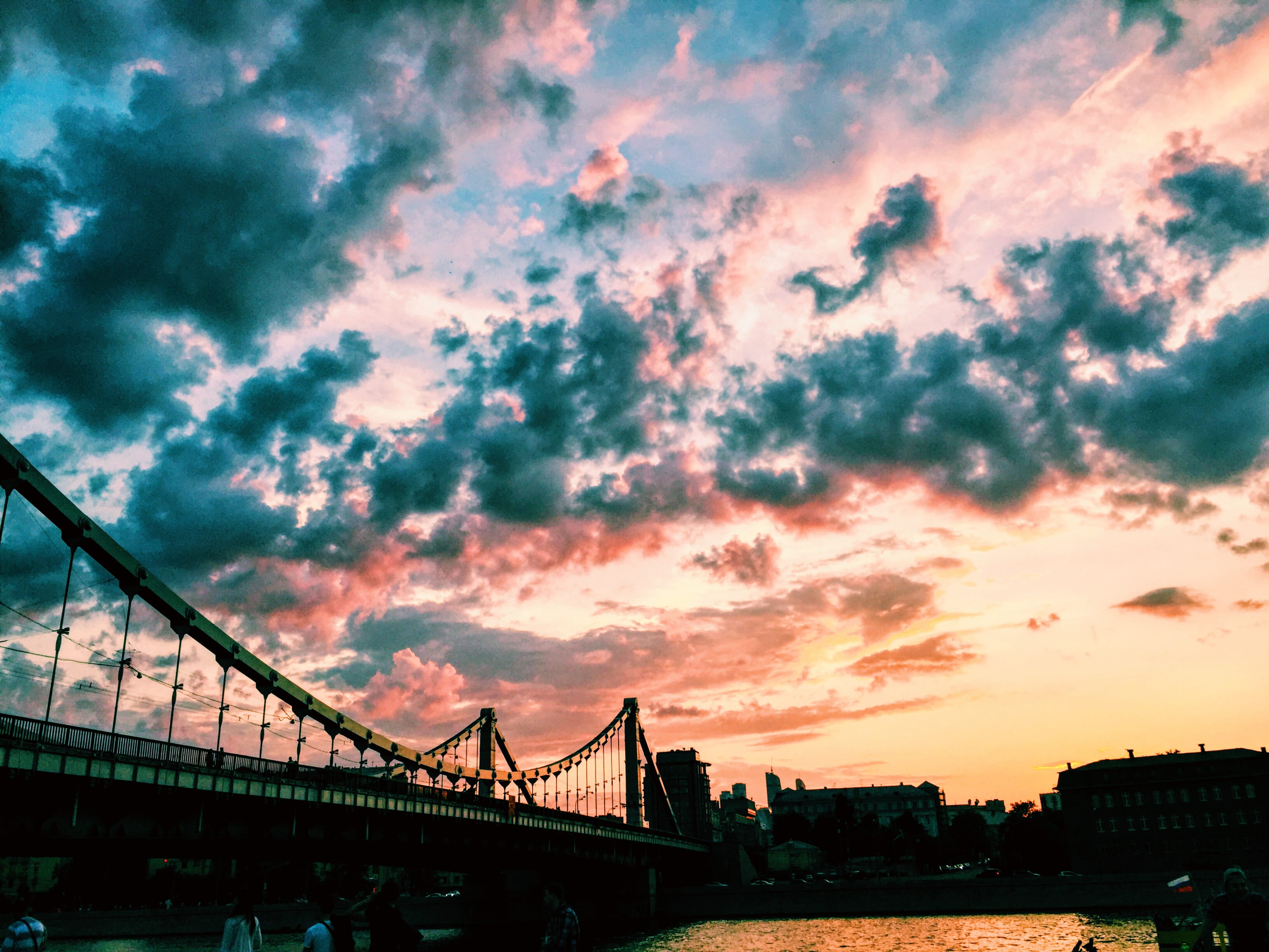 travel, moscow, sky, outdoors, sunset, built structure, connection, orange color, architecture, transportation, engineering, silhouette, gorky central park of culture and leisure, HD Wallpaper