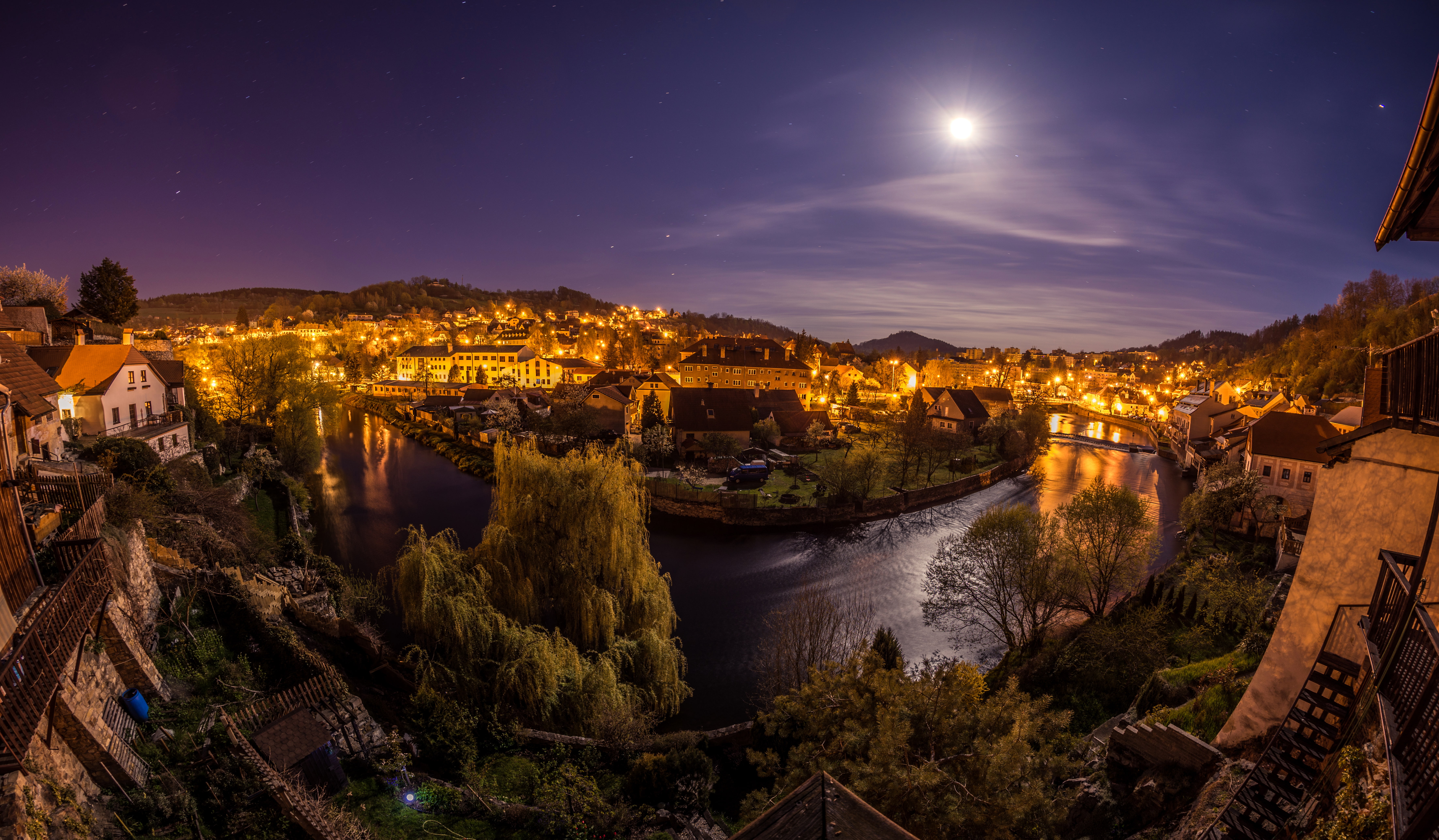 home, Czech Republic, lights, the sky, night, Cesky Krumlov, river, 5K, the city, the moon, HD Wallpaper