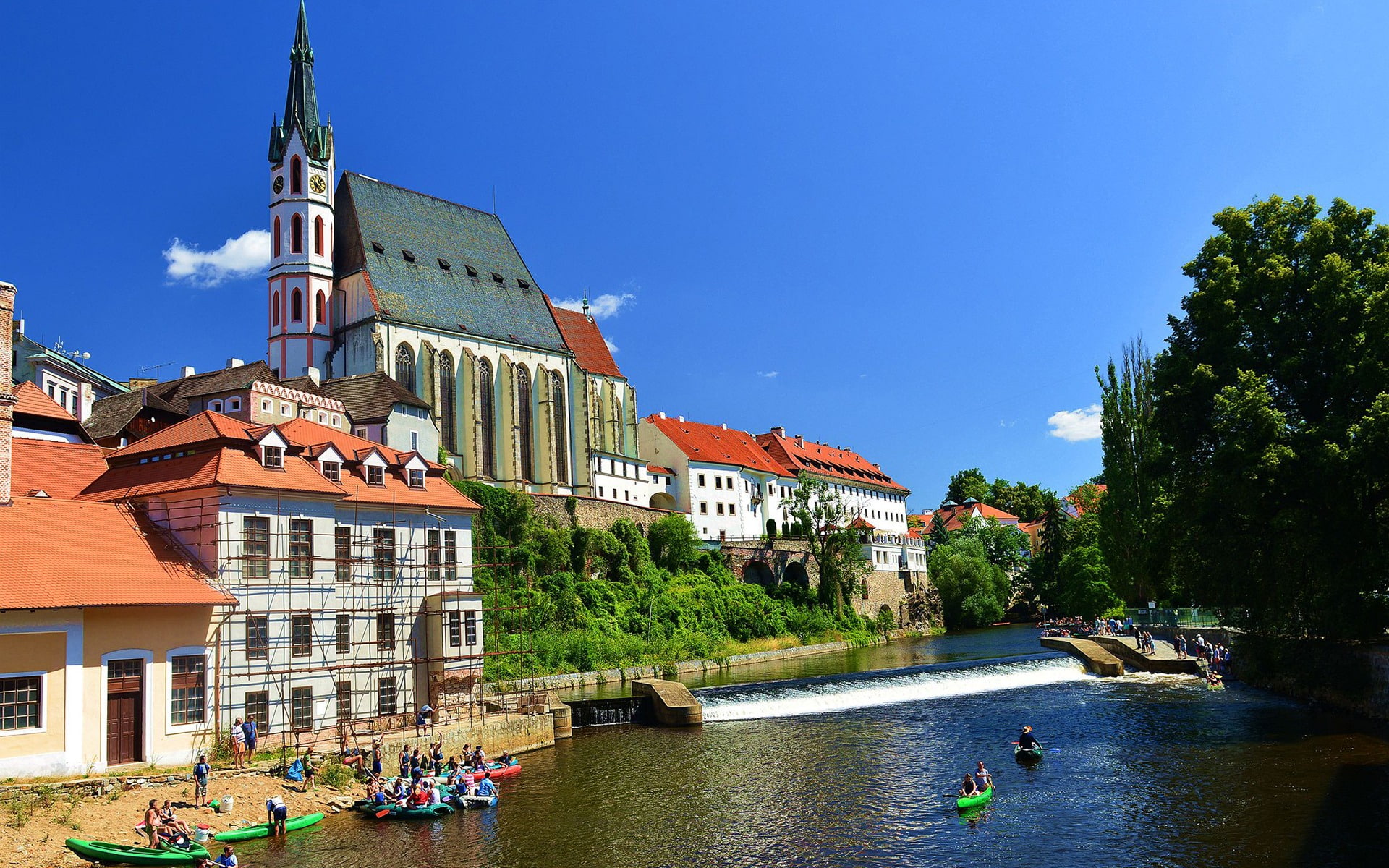 krumlov, travel, hd, sky, blue, building exterior, water, the past, city, outdoors, nature, building, plant, architecture, landscape, place of worship, HD Wallpaper