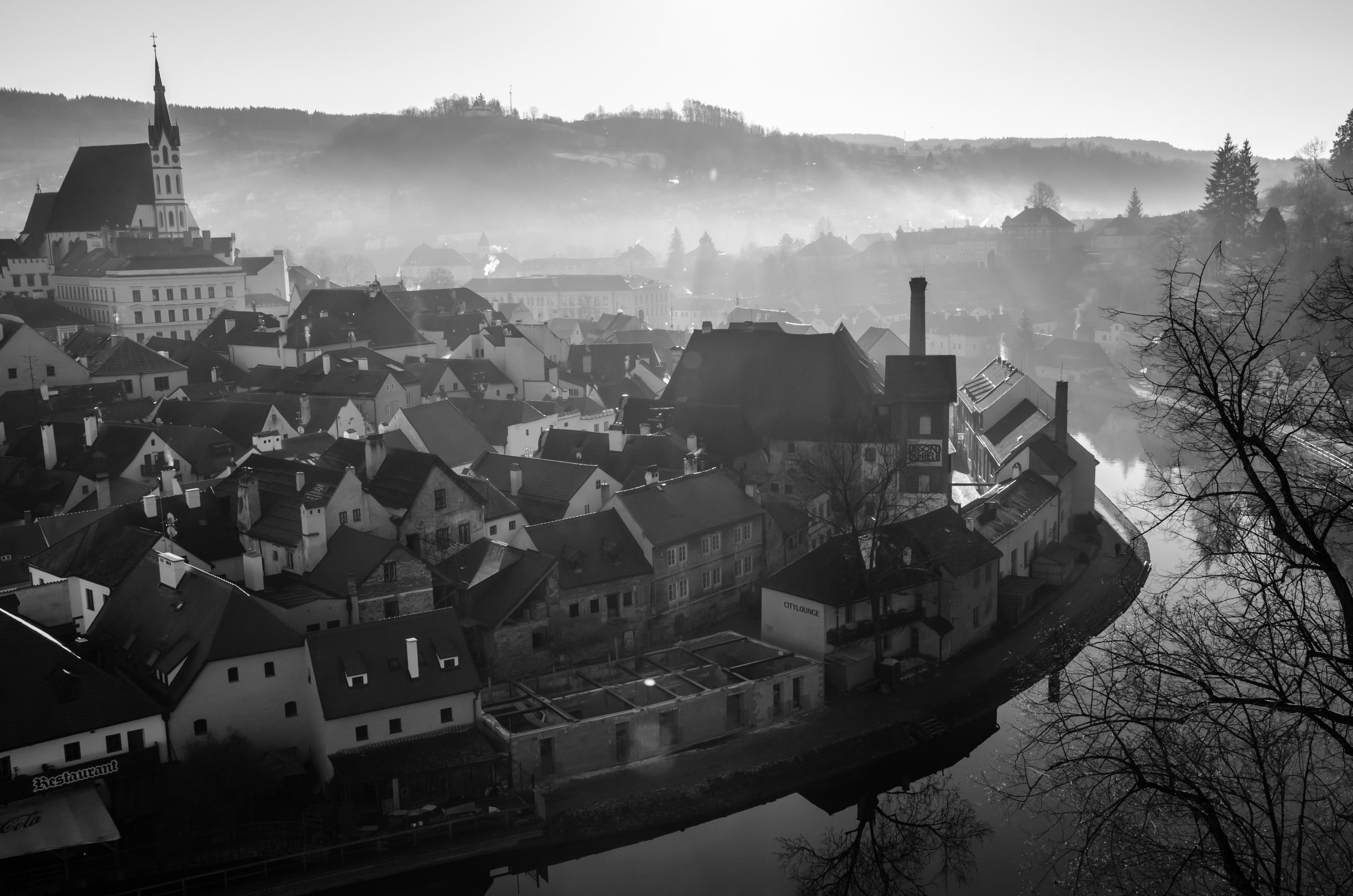 travel destinations, black and white, look, czech republic, no people, famous Place, morning, fog, river, spire, house, built structure, day, castle, outdoors, HD Wallpaper