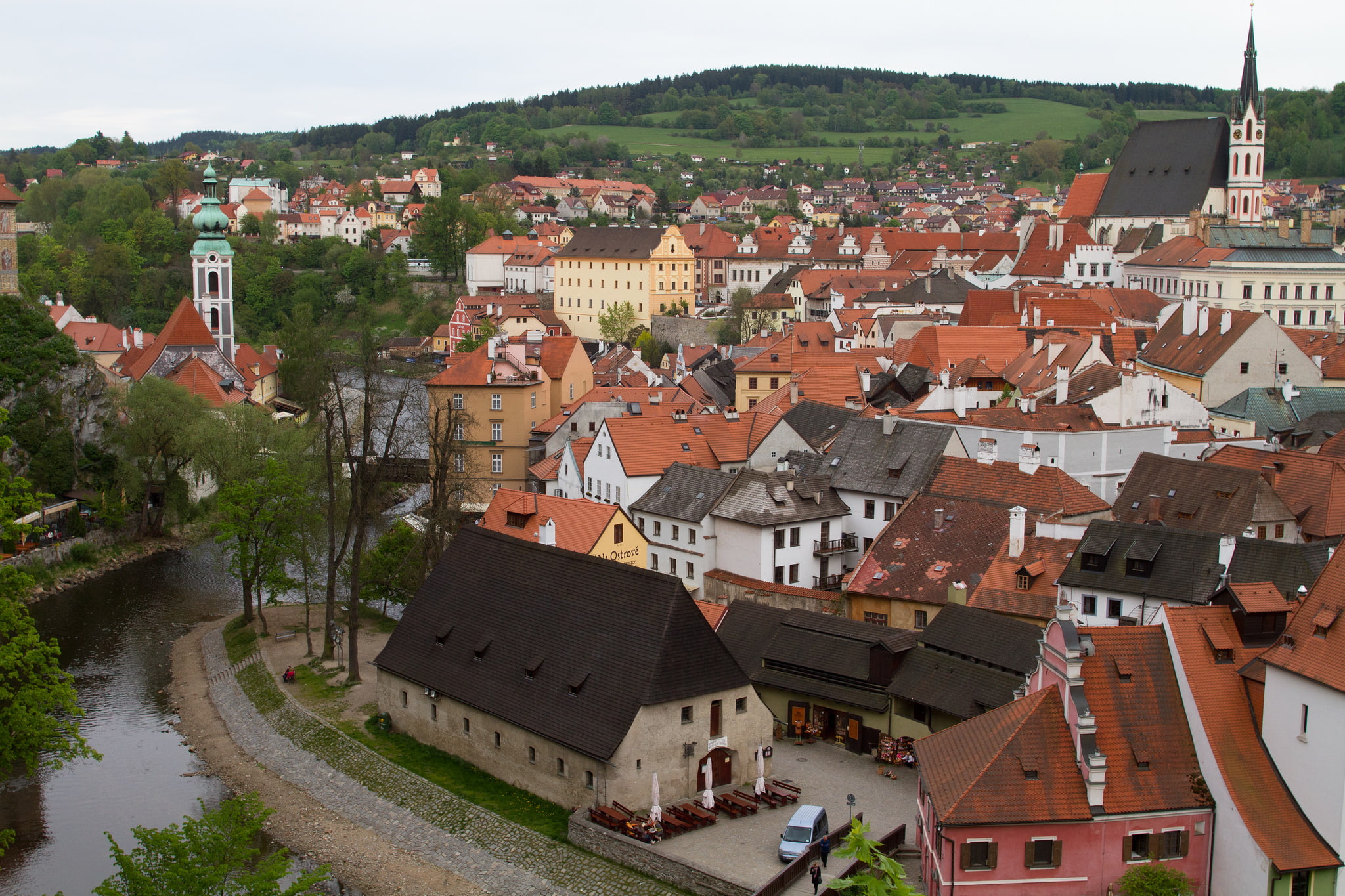 the sky, 1080P, Czech Republic, river, home, Cesky Krumlov, trees, tower, HD Wallpaper