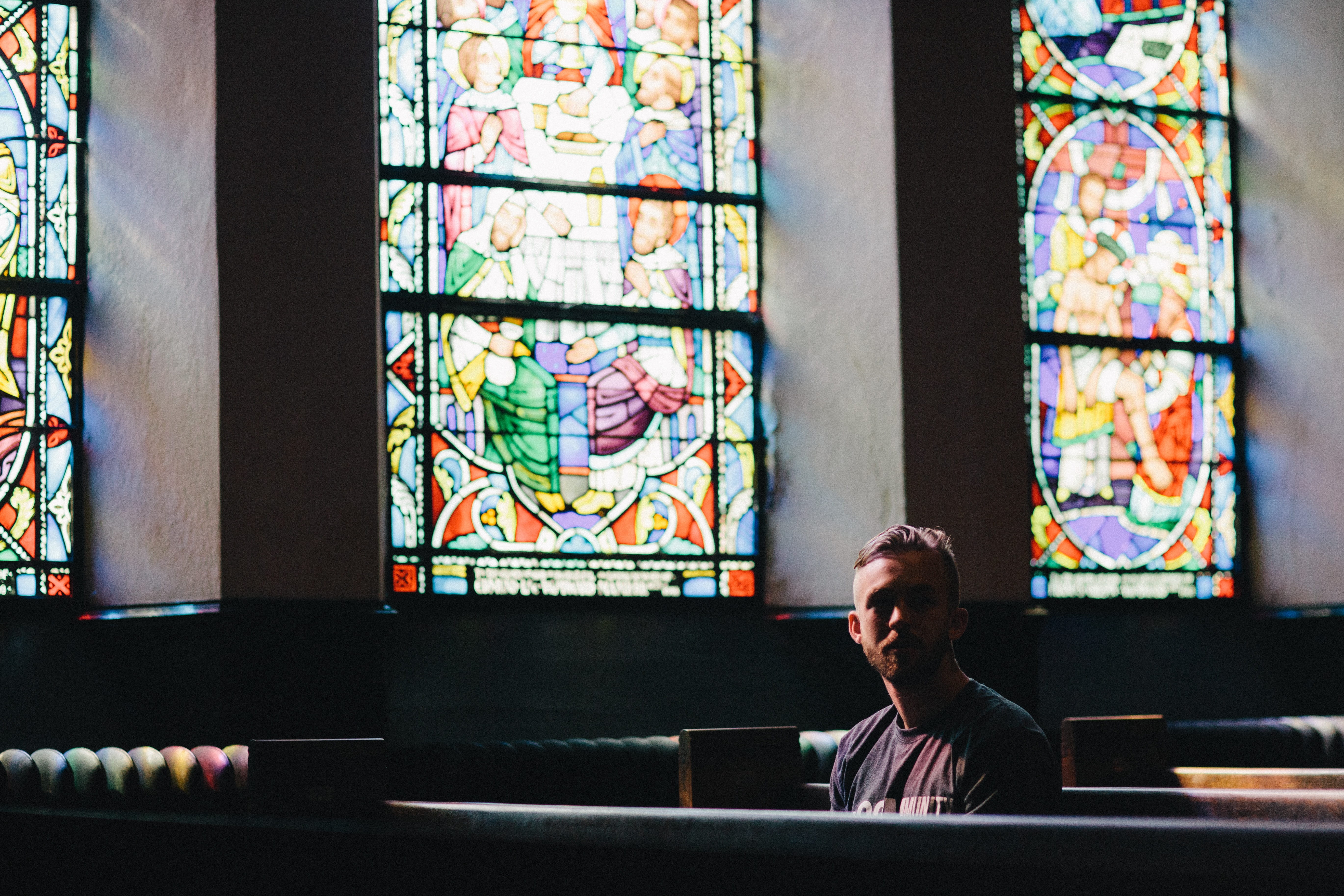 young adult, place of worship, beauty, day, indoors, glass, stained glass, hipster, real people, window, contemplation, colourful, scene, looking, waist up, HD Wallpaper