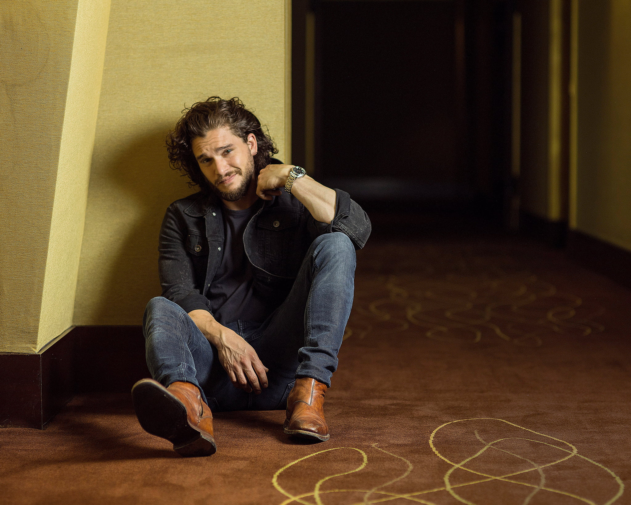 elegance, kit, men, depression - sadness, sitting, young Men, contemplation, front view, jeans, harington, fashionable, portrait, full length, male Beauty, HD Wallpaper