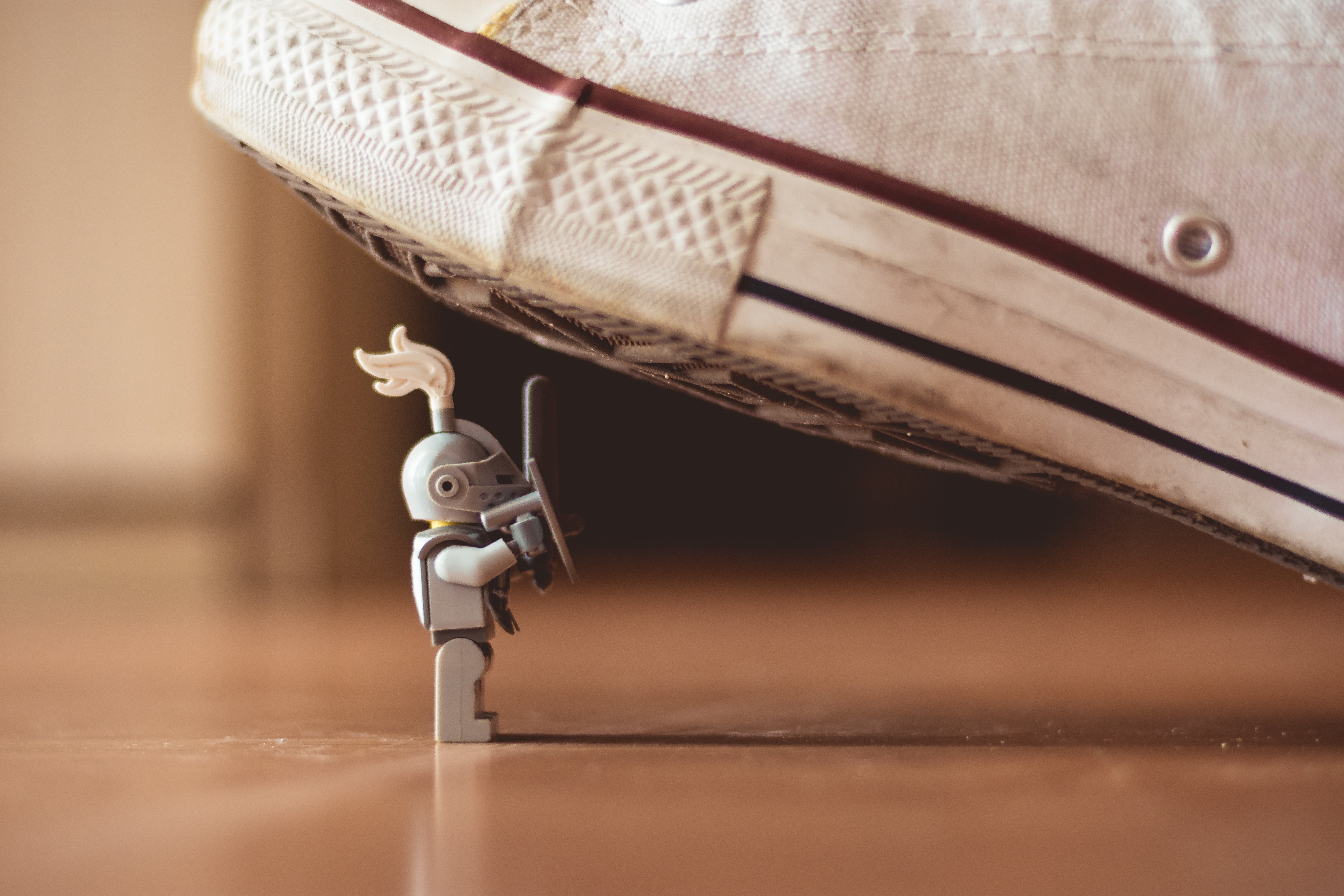 indoors, metal, no people, close-up, brown, robot, armor, white, knight, toy, flooring, sneakers, converse, selective focus, shield, shoe, day, figure, HD Wallpaper