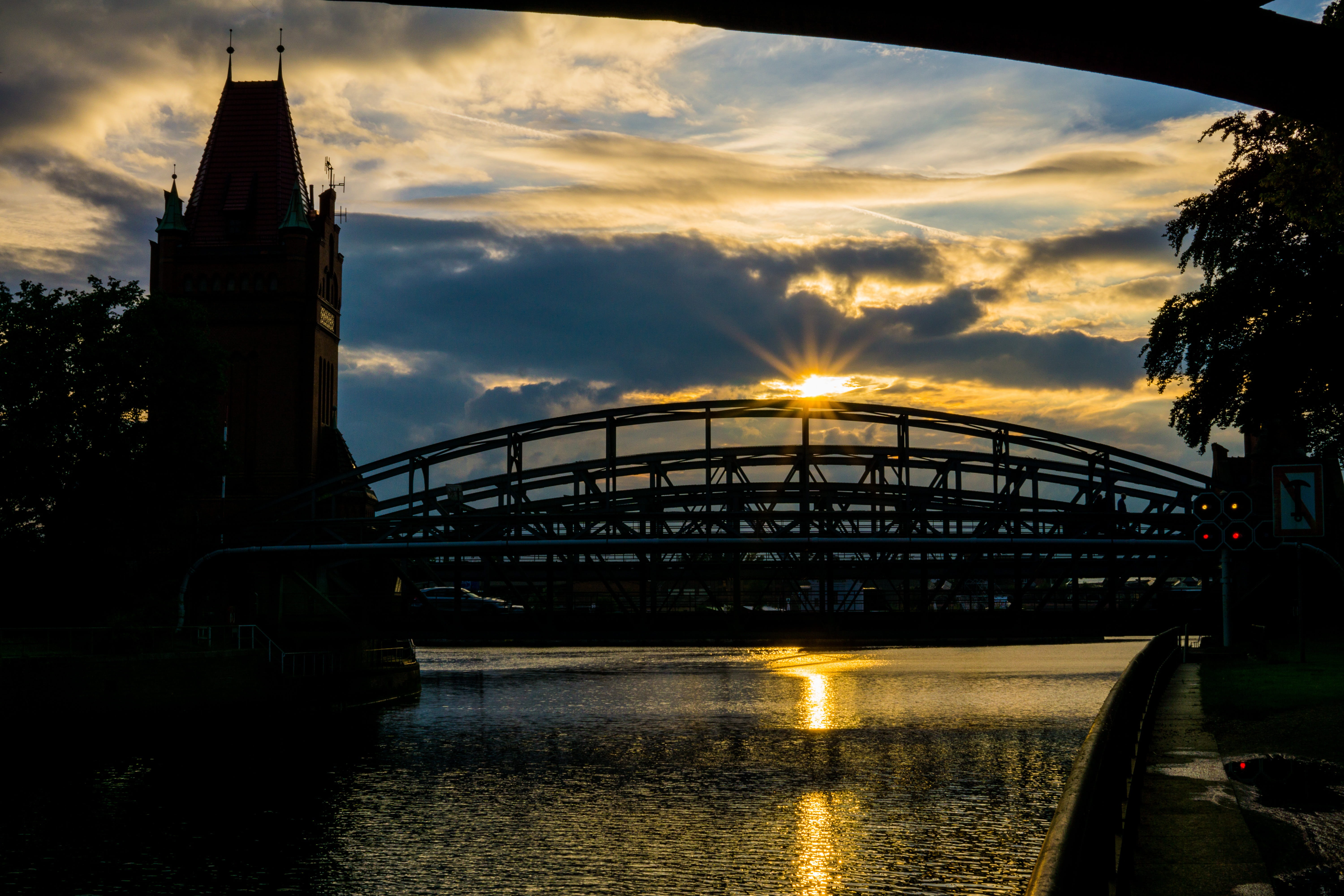 no people, 5K, tower, Romantic, bridge, water, illuminated, arch bridge, connection, outdoors, nature, Evening Sun, architecture, cloud - sky, river, waterfront, HD Wallpaper