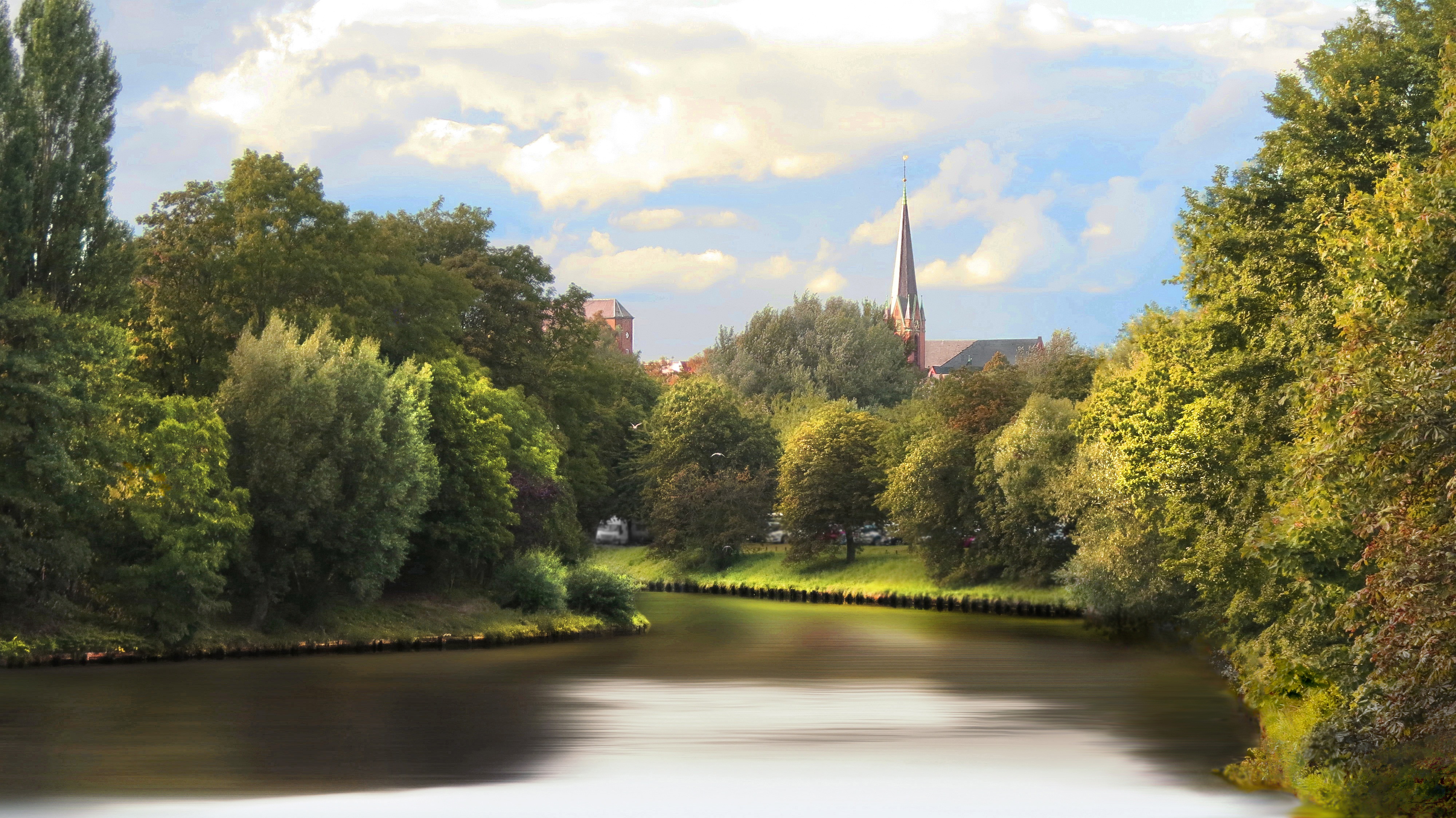 trees, water, scenics - nature, outdoors, art, beauty in nature, river, lübeck, lake, blue, change, tranquility, sky, 4K, growth, photo art, tranquil scene, HD Wallpaper
