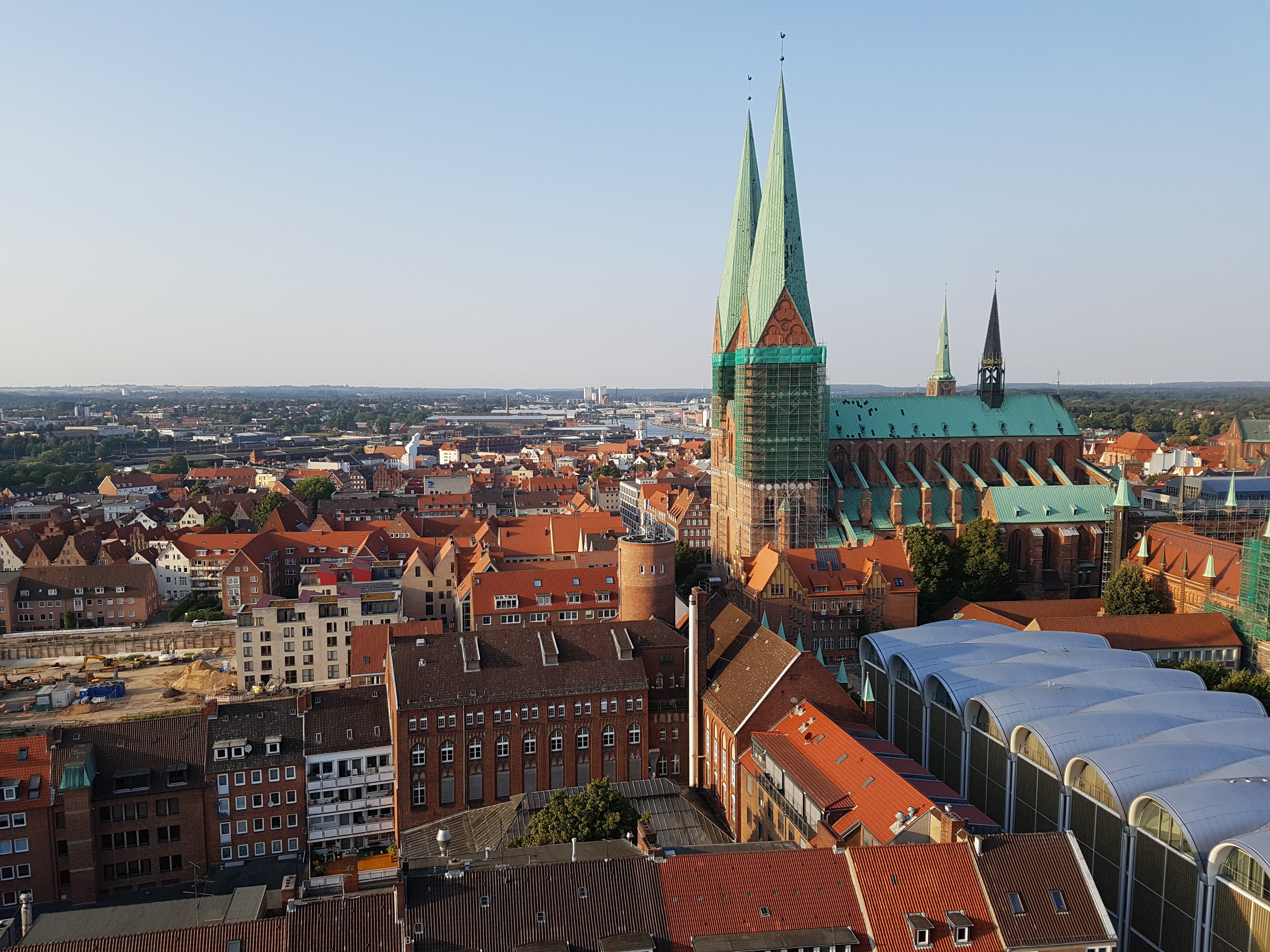 built structure, lübeck, architecture, steeple, city, city view, high angle view, clear sky, town center, crowded, religion, st marys church, building exterior, HD Wallpaper