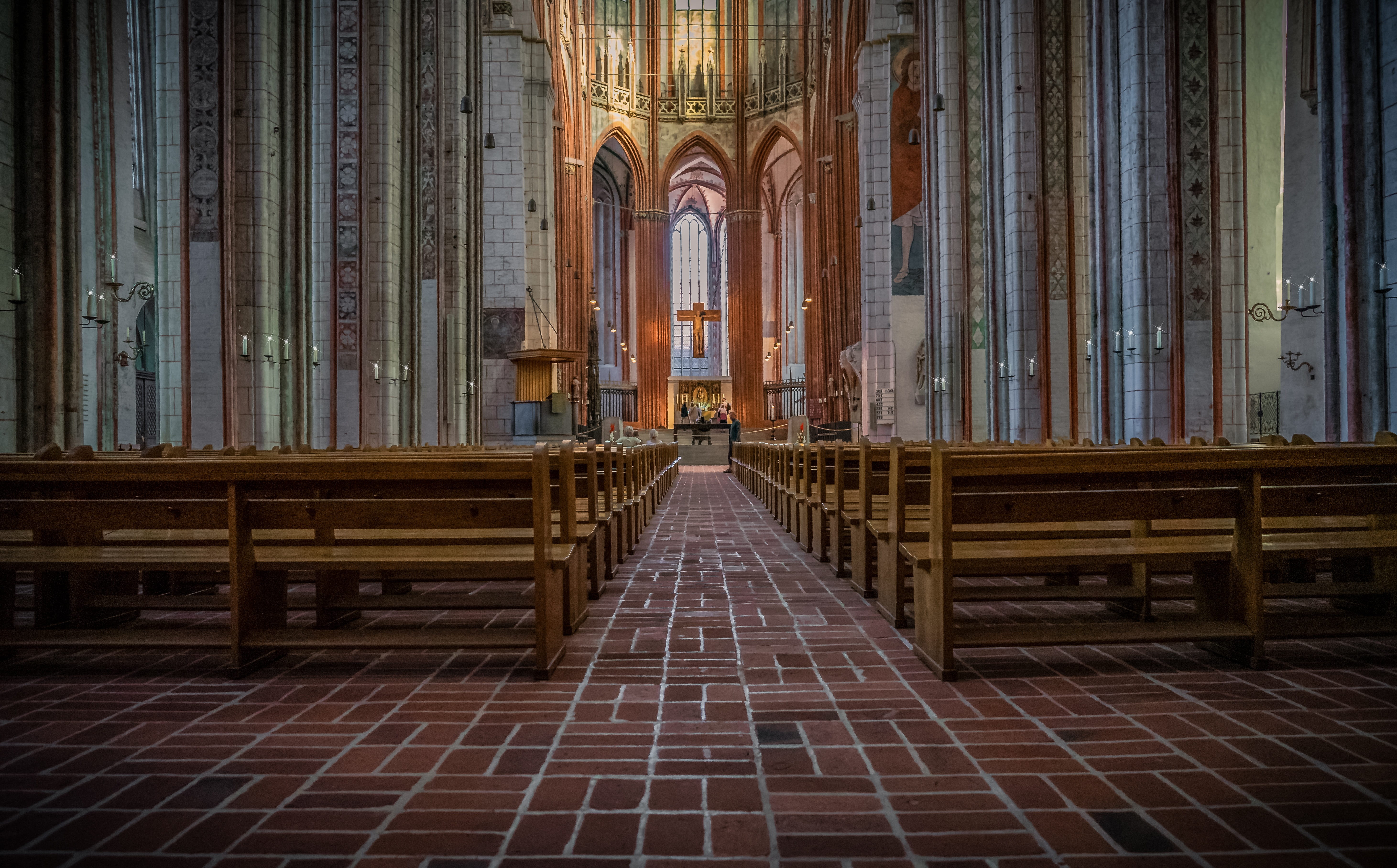 gothic style, religion, tiled floor, colonnade, direction, day, faith, architecture, pray, building, spirituality, interior, no people, belief, colorful, HD Wallpaper