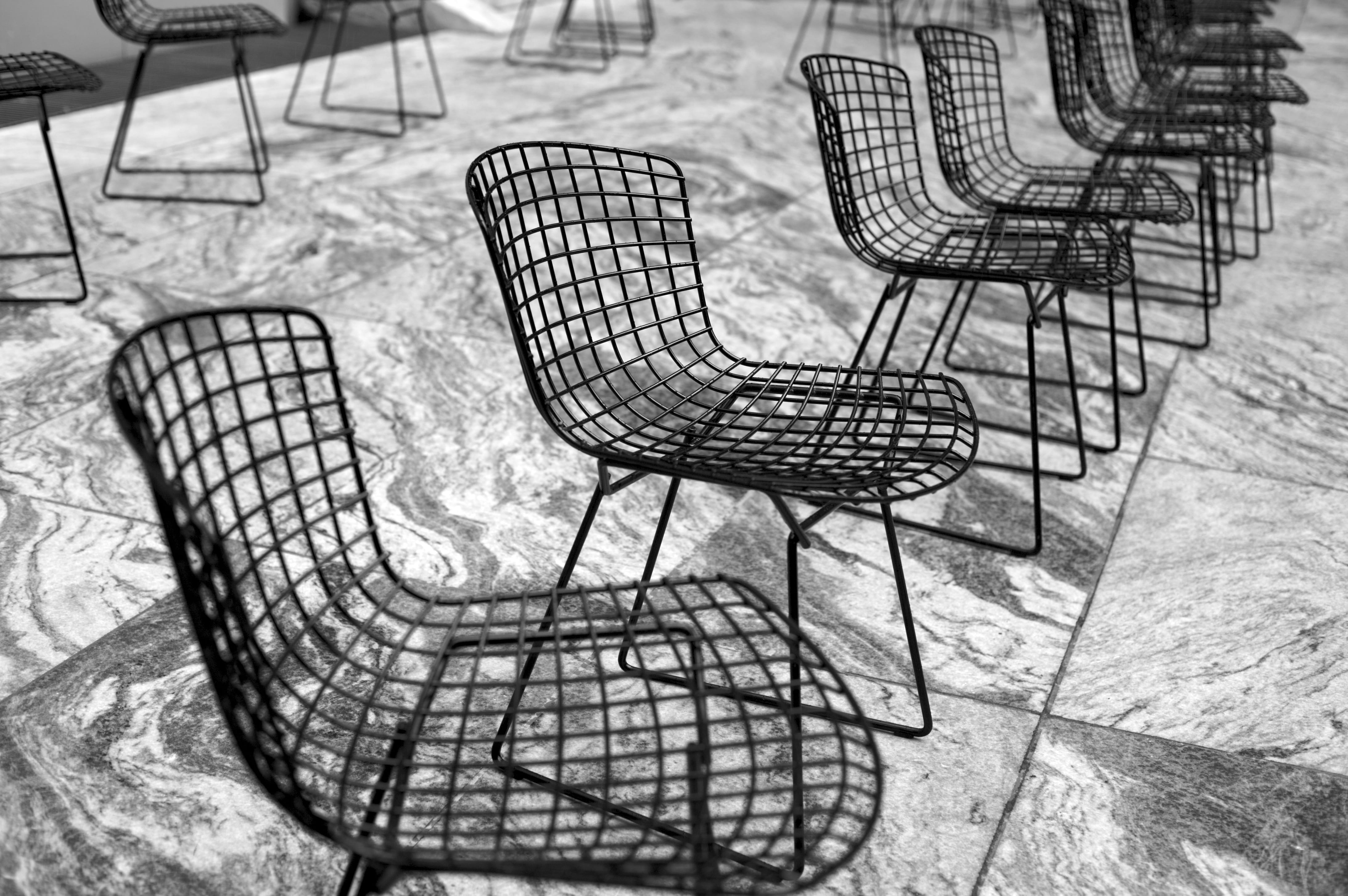 shadow, seat, modernist, high angle view, bertoium, nature, 4K, marble, chair, tile, pattern, no people, day, mid century, moma, table, absence, empty, HD Wallpaper