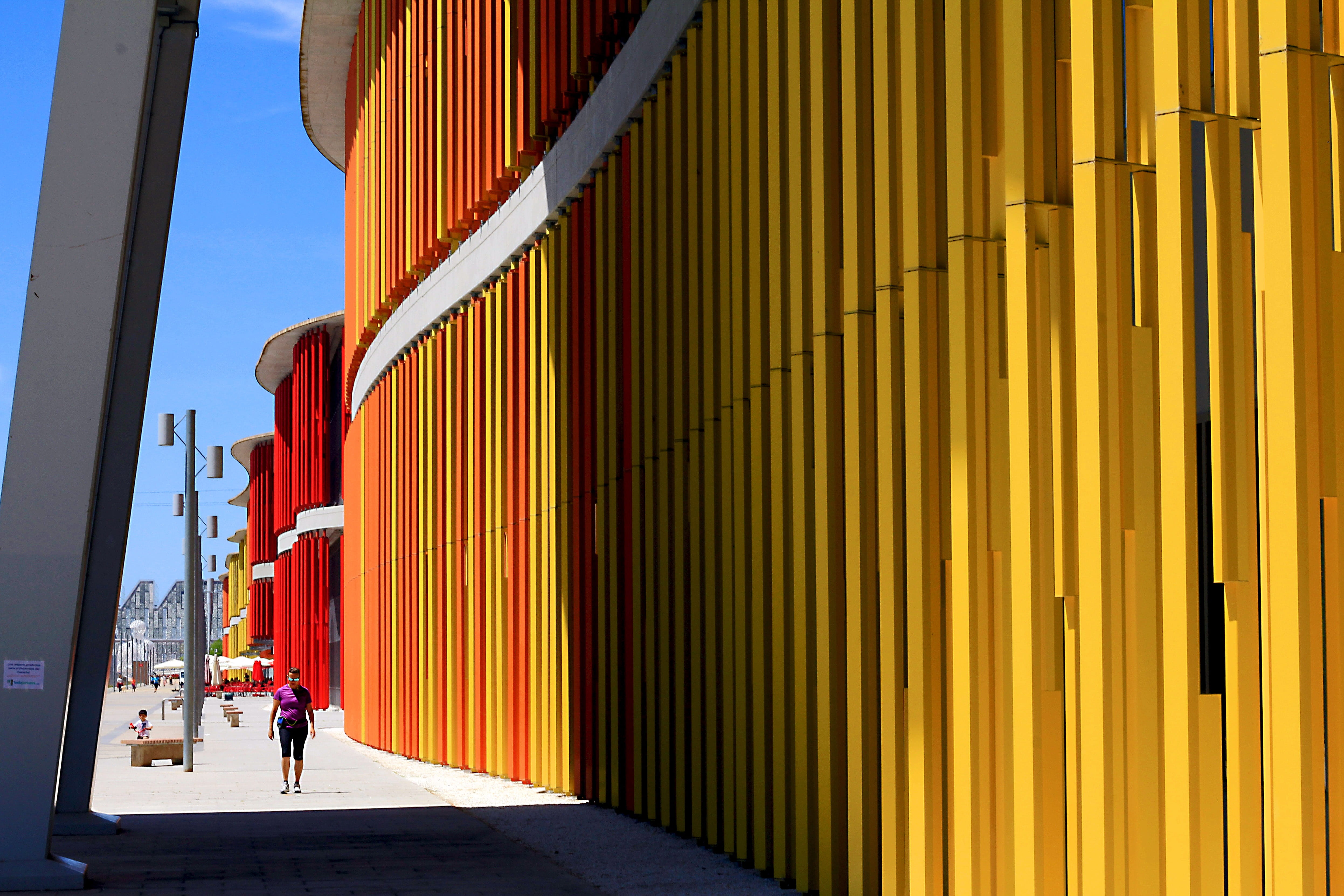 4K, modernist, buildings, person, modern, day, yellow, walking, modern art, shadow, exhibition, perspective, full length, group of people, people, city, HD Wallpaper