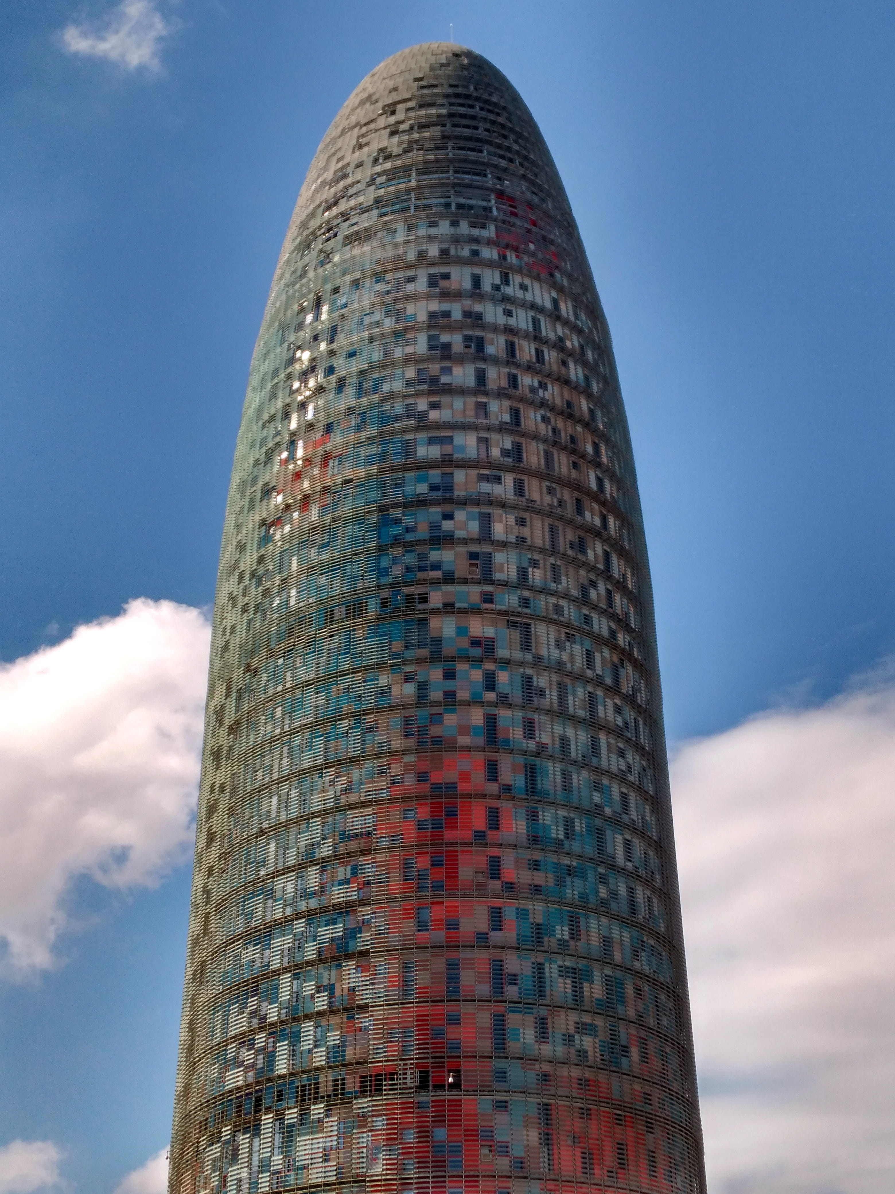 barcelona, skyscraper, urban, tall - high, futuristic, perspective, agbar, red, modern architecture, building exterior, structure, bright, glass, office building exterior, Phone HD Wallpaper
