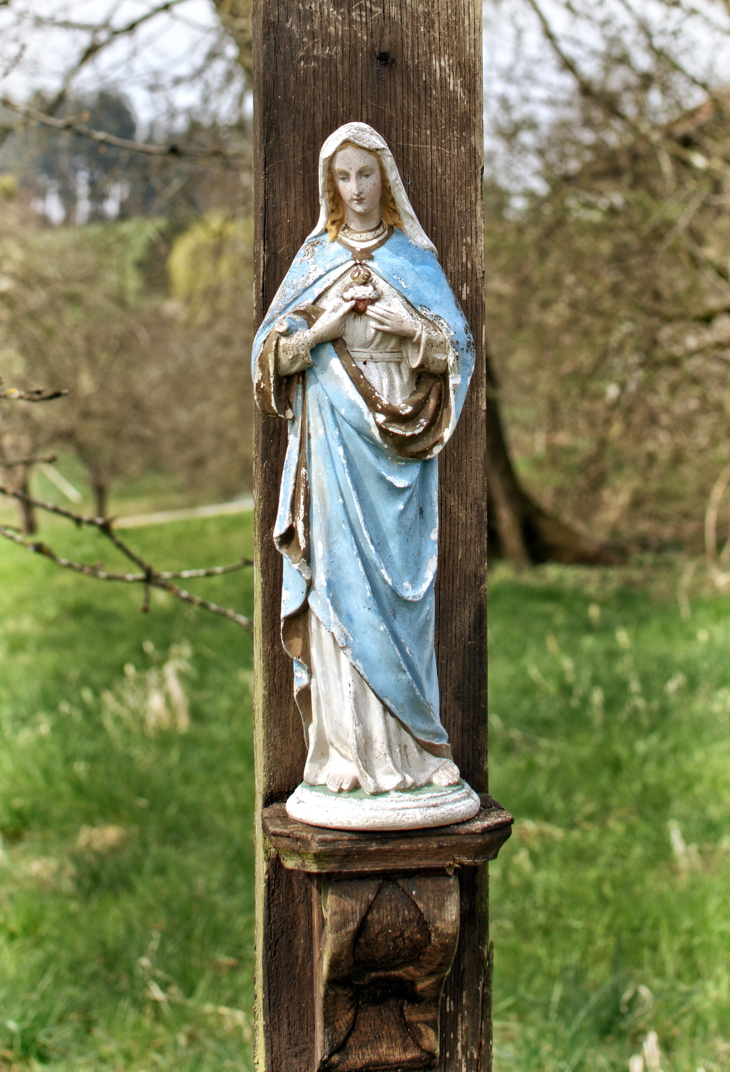 christian, religion, focus on foreground, mary, plant, Madonna, trunk, Mother Of God, male likeness, outdoors, craft, virgin mary, woman, 2K, art, creativity, Phone HD Wallpaper
