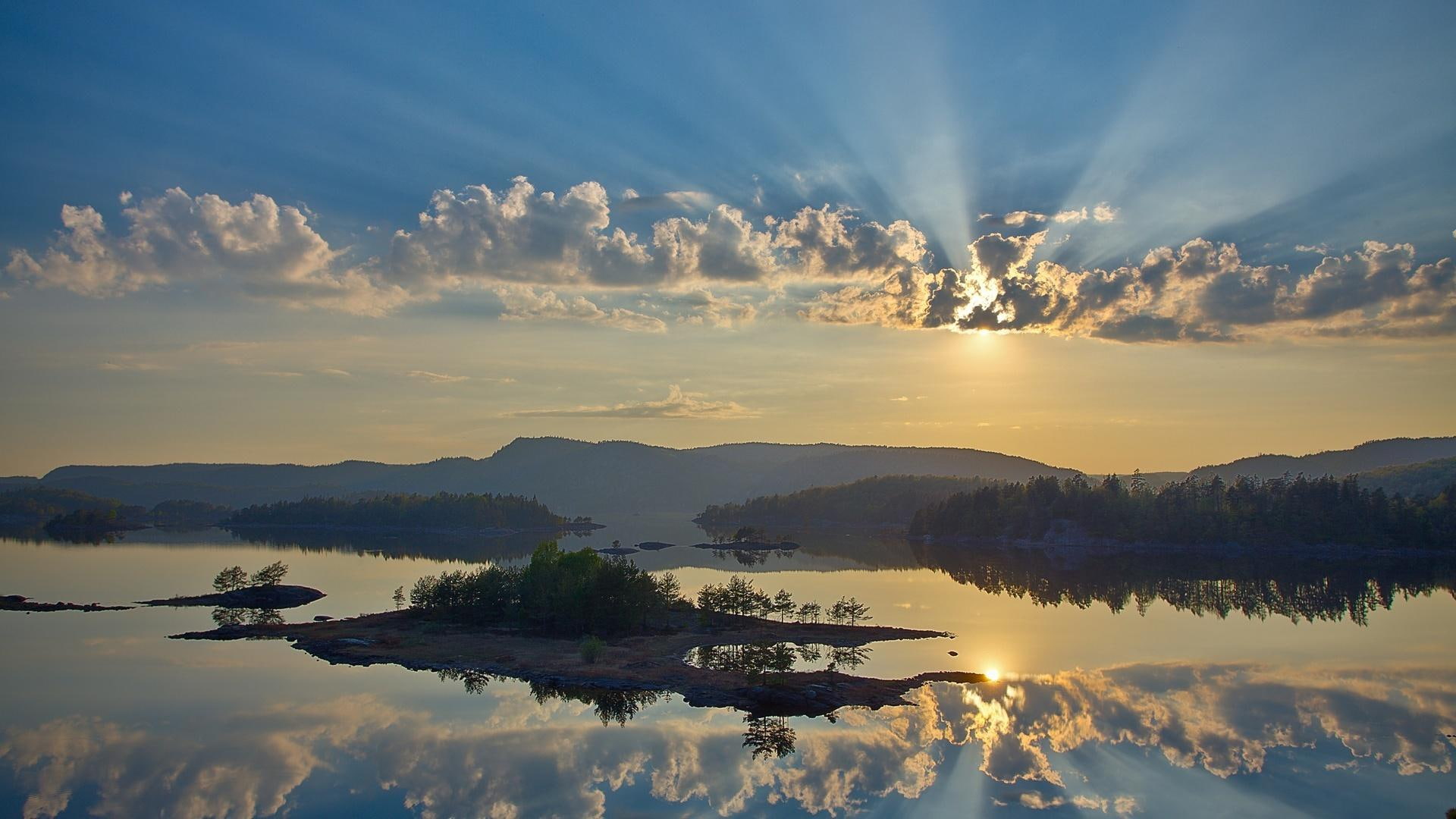 cumulus, beauty, photography, 3d and abstract, sunlight, water, stream, calm, nature, clouds, 1080P, lake, sunset, HD Wallpaper