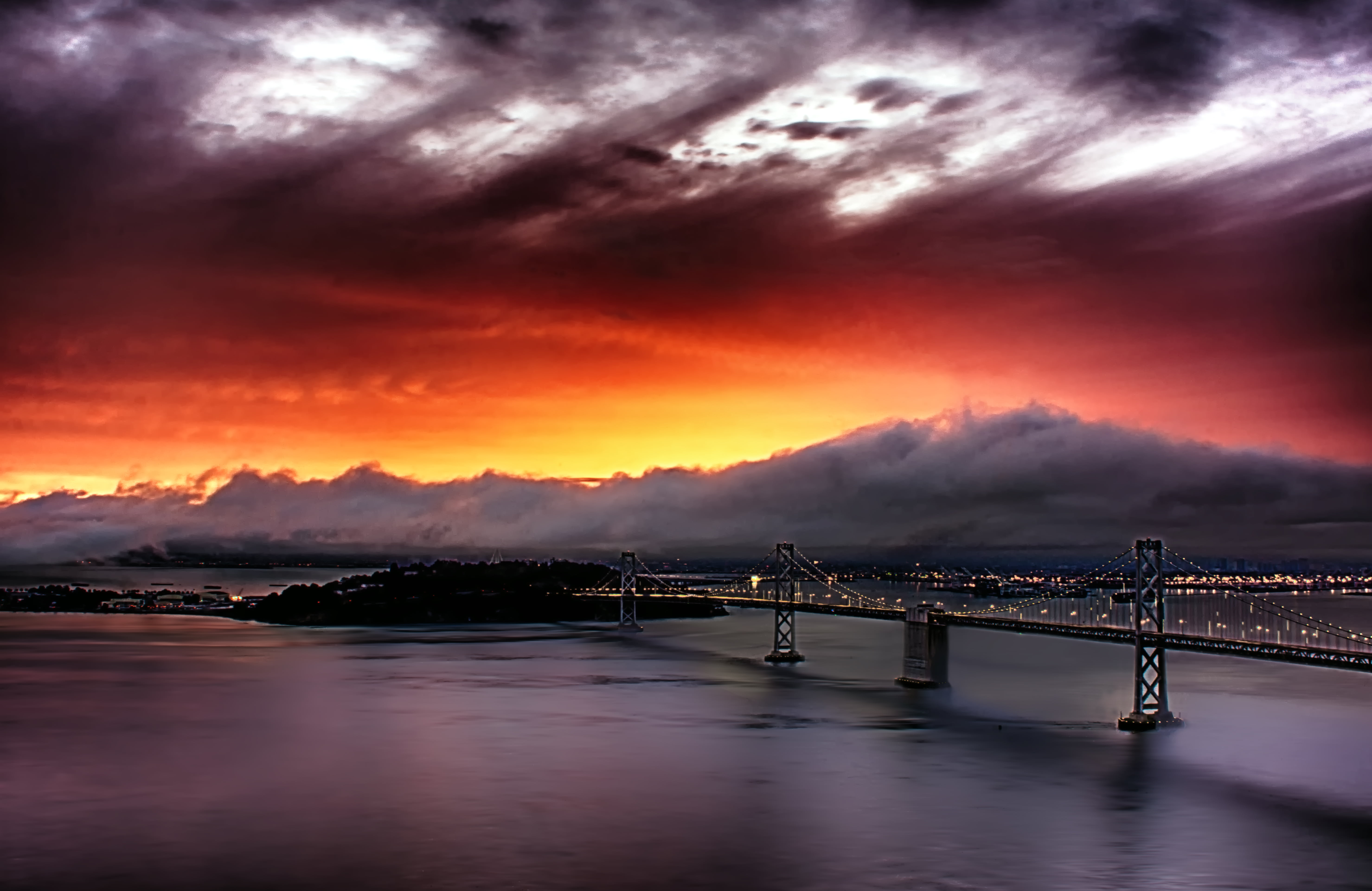 sky, bridge - Man Made Structure, bridge, cloud - Sky, body, sunrise, body of water, night, San Francisco  Bay Bridge, photography, water, 5K, sunset, HD Wallpaper