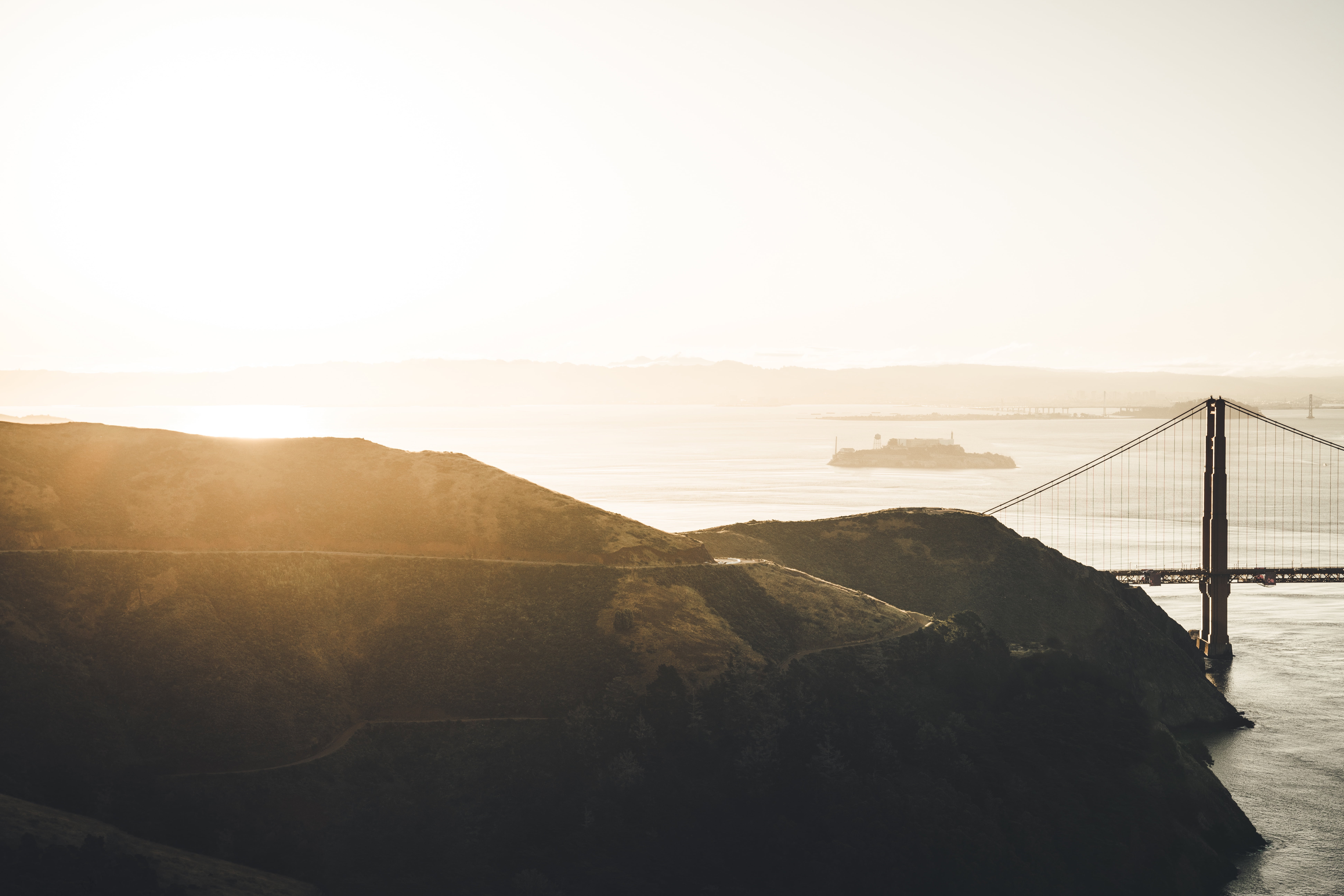 land, valley, cloud, landscape, sun, architecture, tranquil scene, bridge - Man Made Structure, infrastructure, nature, built structure, golden Gate Bridge, HD Wallpaper