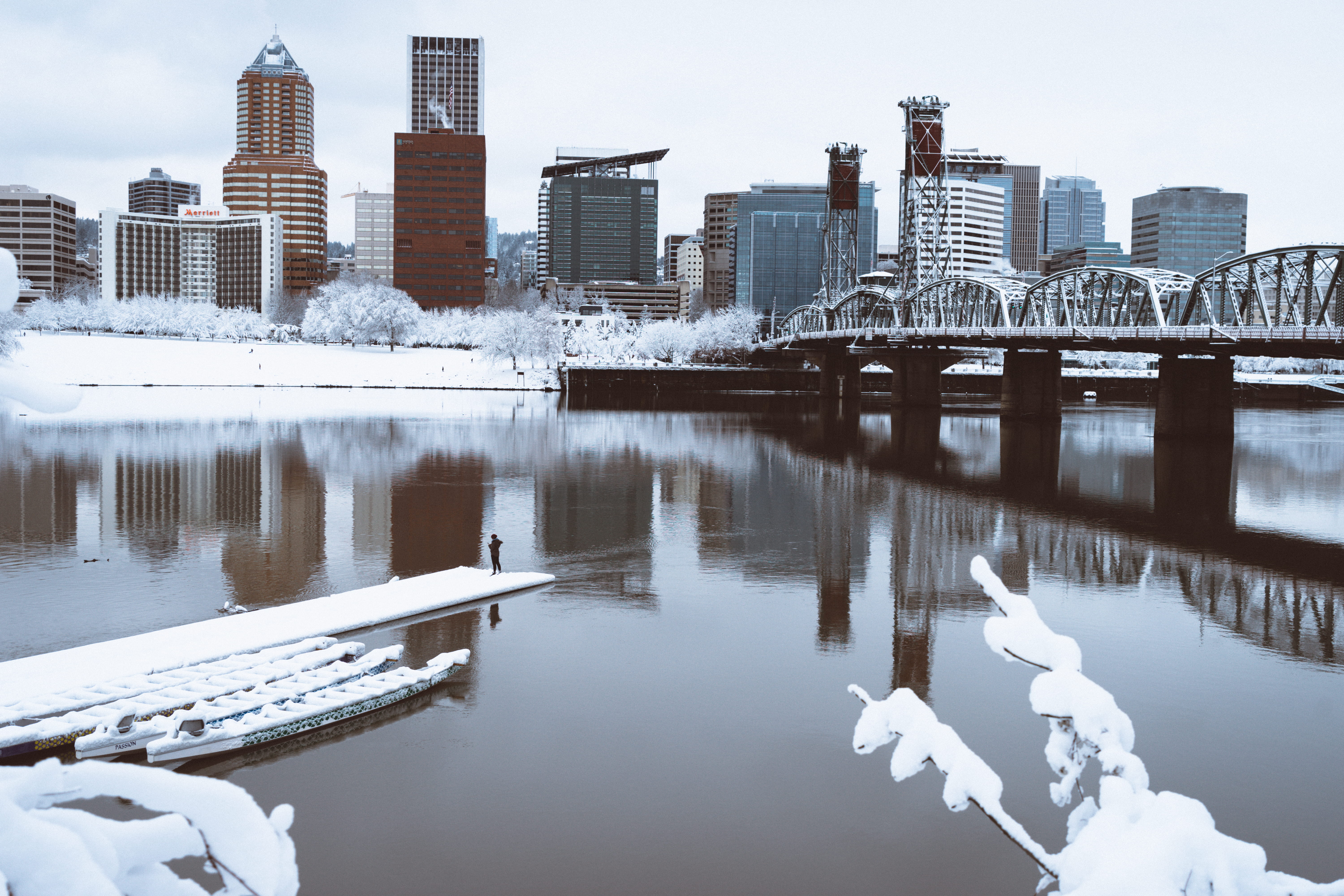 connection, snow, dock, 5K, outdoors, building exterior, water, financial district, cityscape, bridge - man made structure, ice, united states, no people, HD Wallpaper