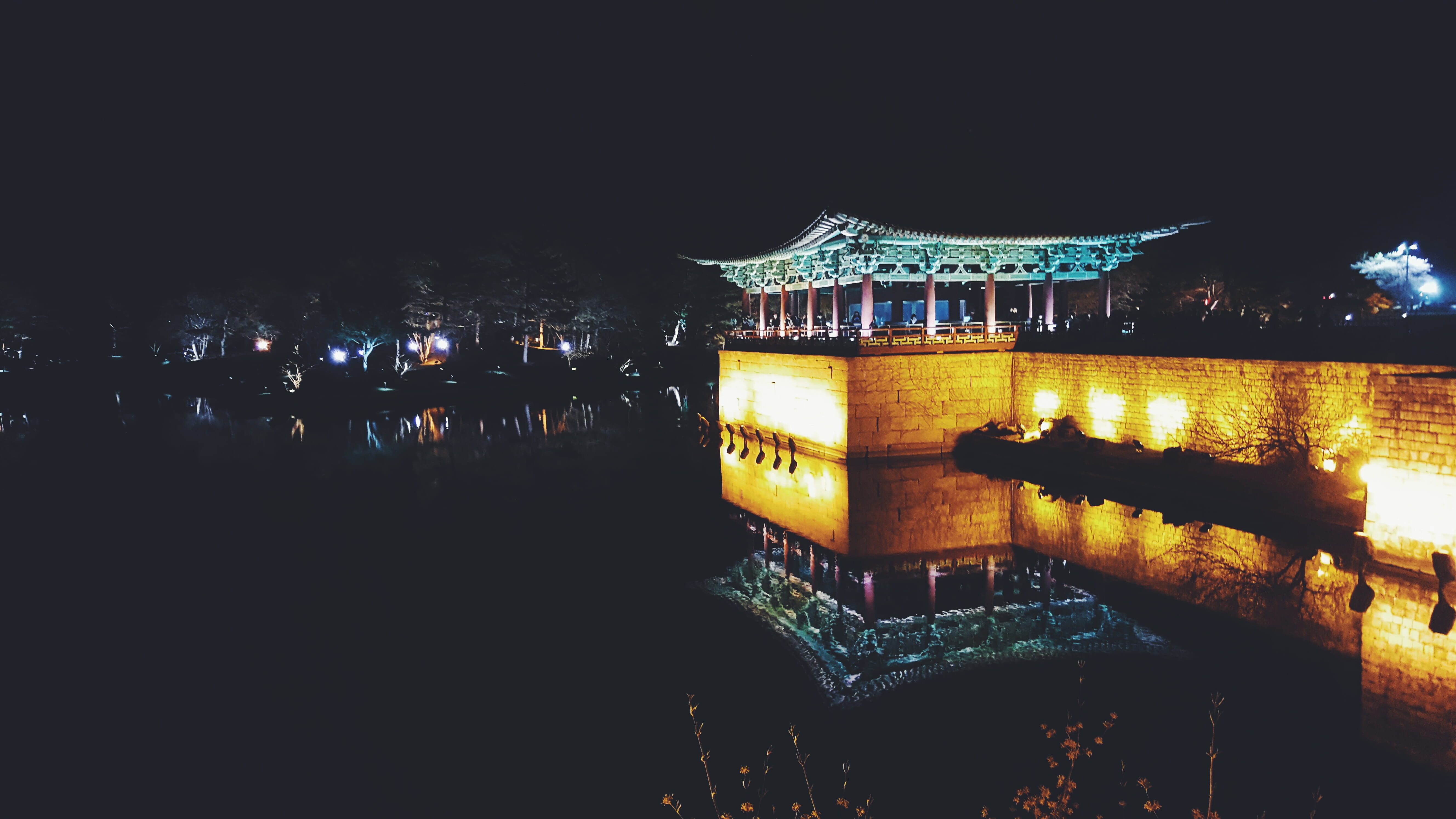 water, built structure, architecture, building exterior, clear sky, outdoors, illuminated, south korea, lighting equipment, night, lake, building, 5K, HD Wallpaper