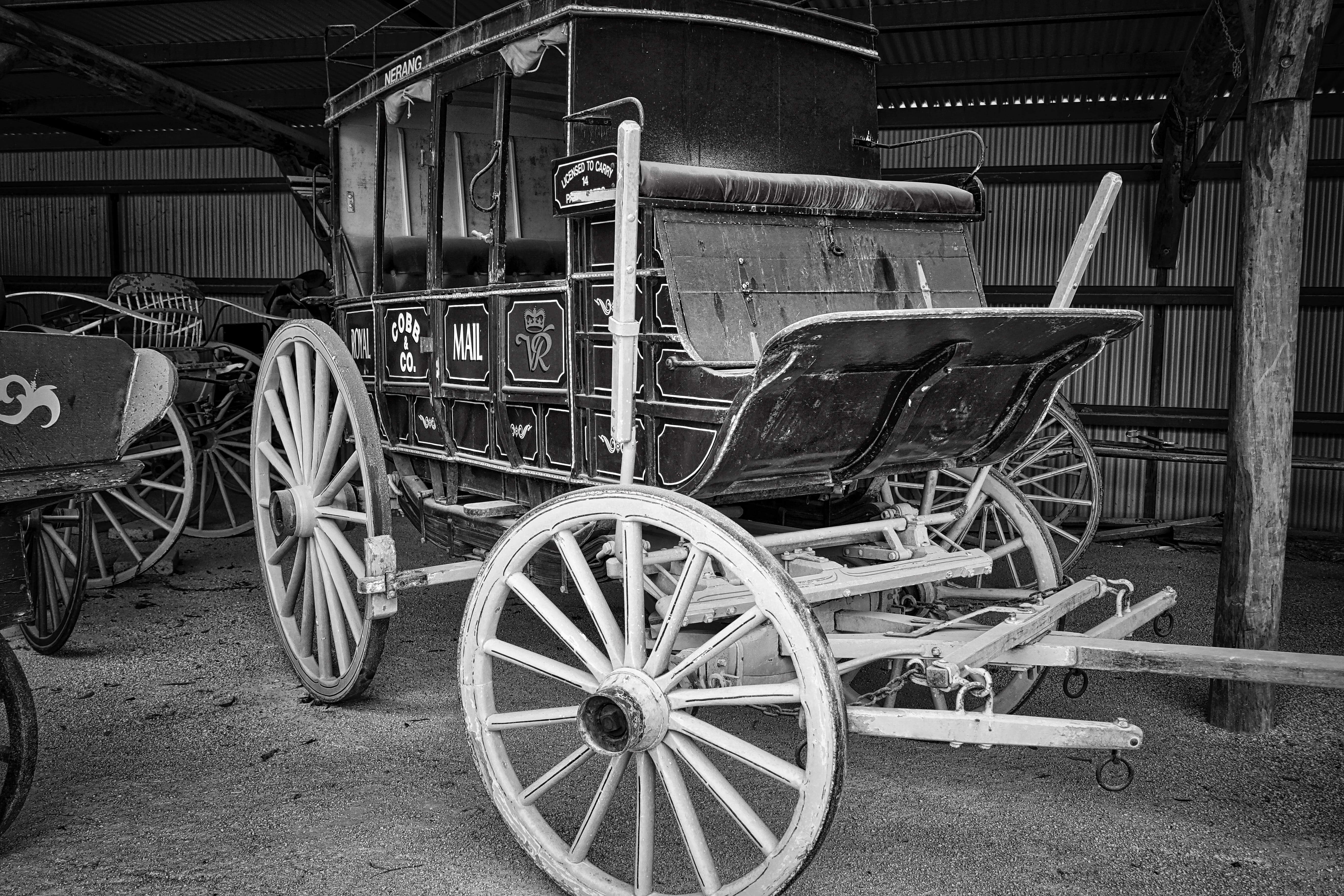 antique, outdoors, building, Vintage, stationary, no people, wagon wheel, black And White, old, Wagon, land vehicle, day, historic, abandoned, mode of transportation, HD Wallpaper