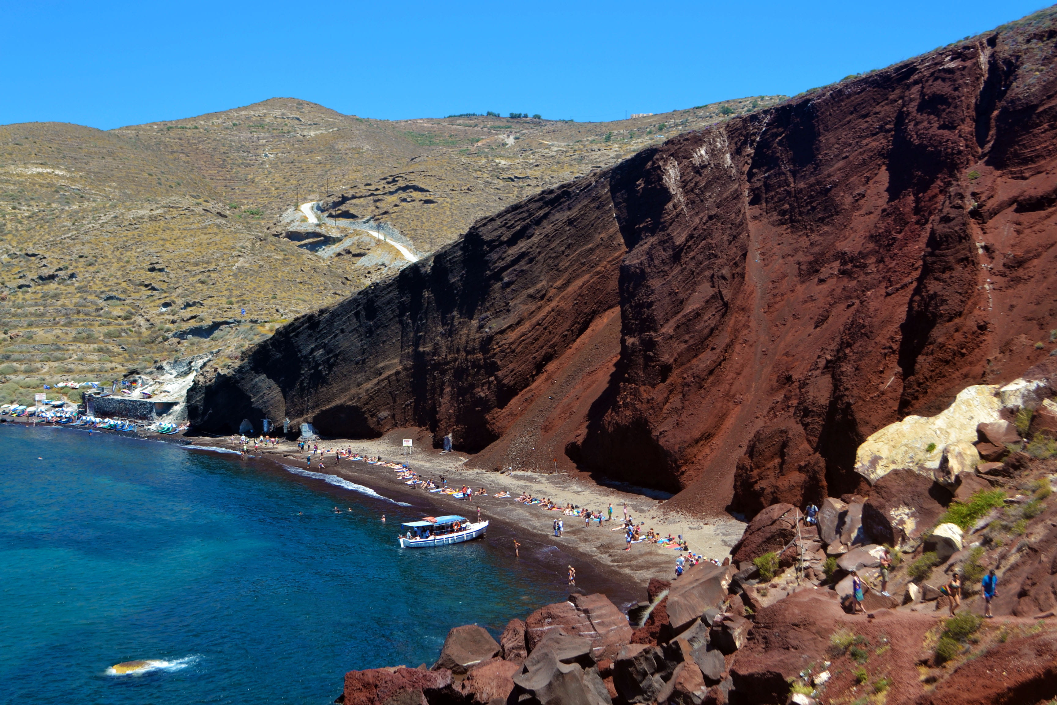 rock - object, red, rock formation, corfu, ocean, santorini, day, blue, thira, travel destinations, solid, abandon beach, tranquil scene, travel, water, HD Wallpaper