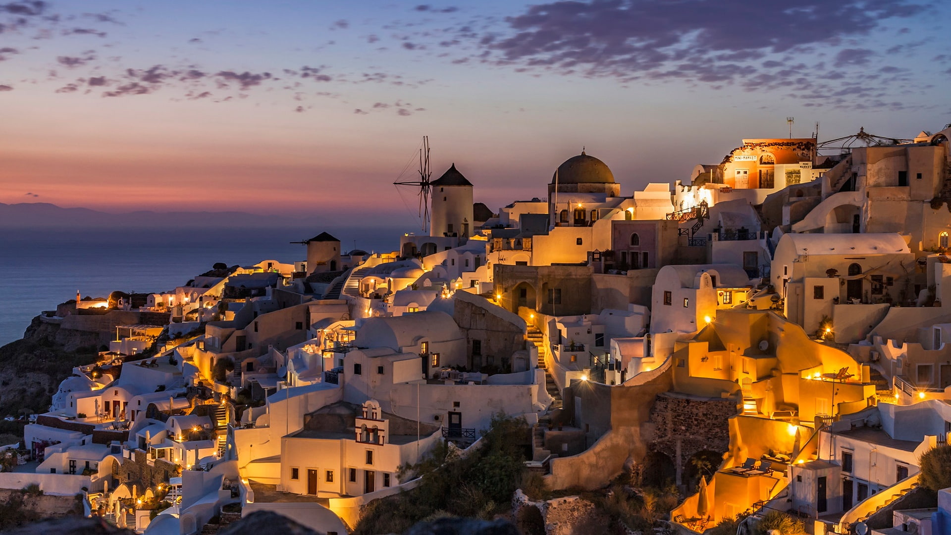 historic site, thíra, 1080P, europe, sea, cityscape, greece, town, evening, santorini, eu, sunset, dusk, thira, tourism, tourist attraction, HD Wallpaper
