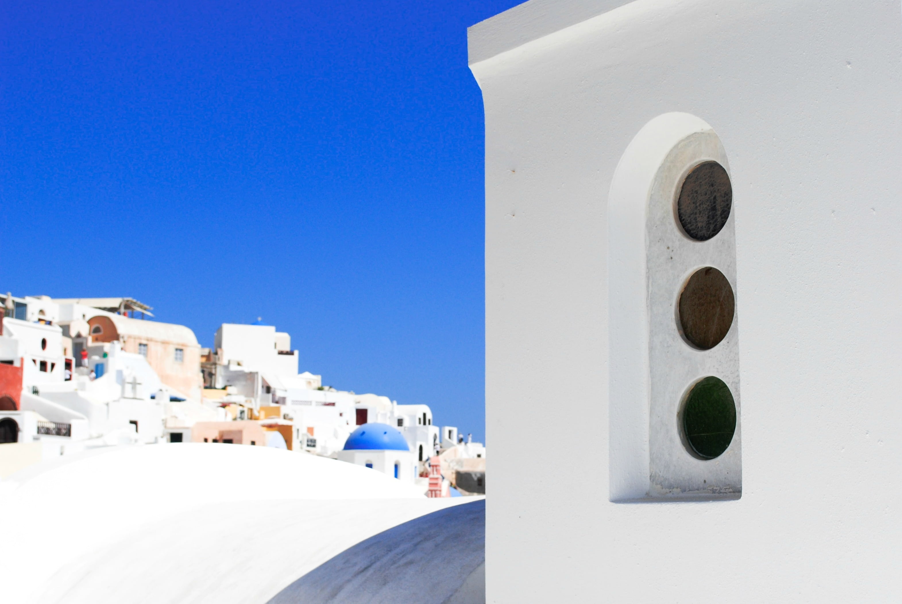 building, sky, famous, greece, clear sky, architecture, white color, nature, destination, landmark, caldera, blue, city, landscape, mediterranean, oia, HD Wallpaper
