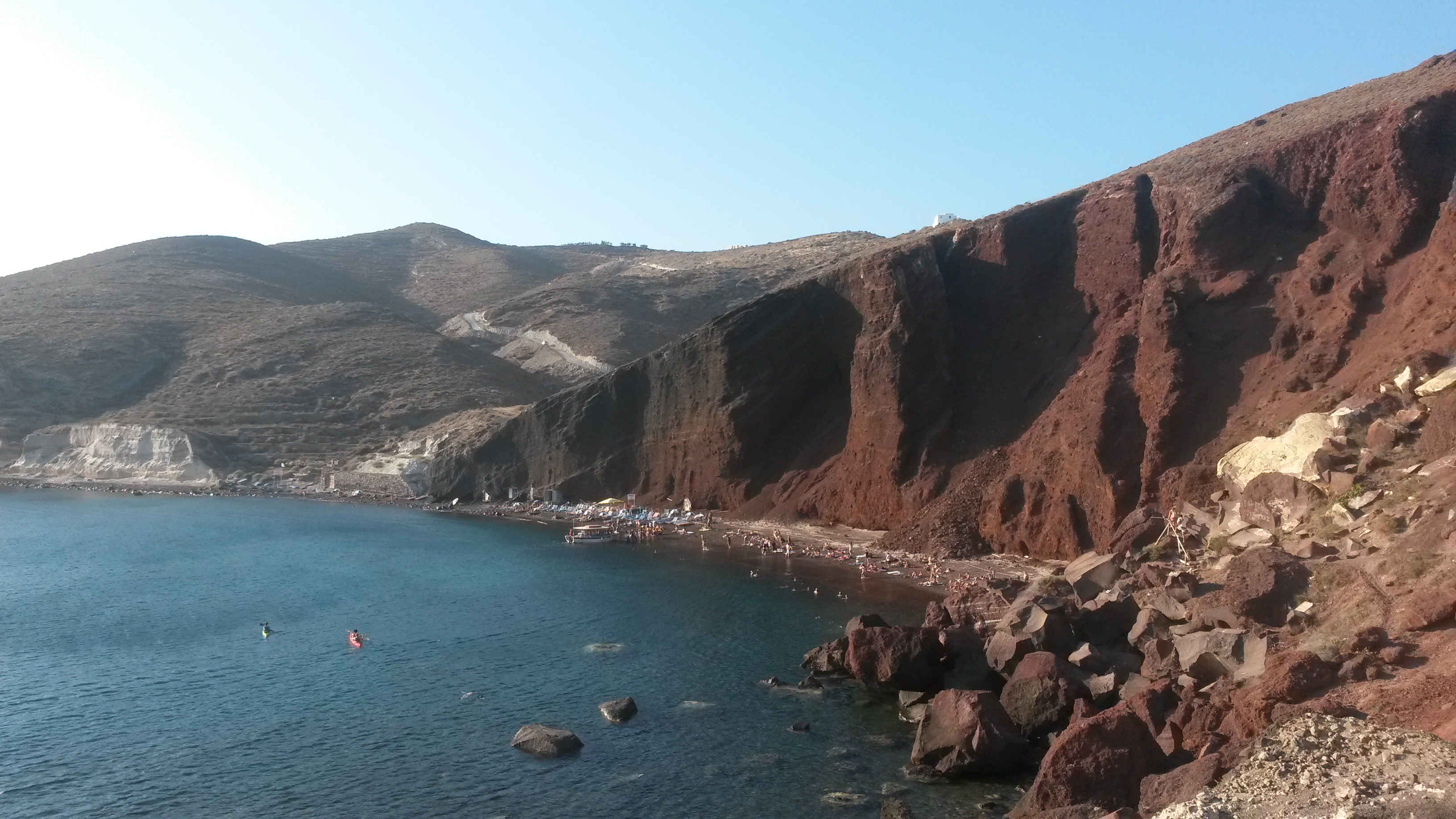 tranquility, 2K, thira, tranquil scene, day, mountain range, sea, transportation, sky, land, mountain, nautical vessel, clear sky, no people, travel destinations, HD Wallpaper