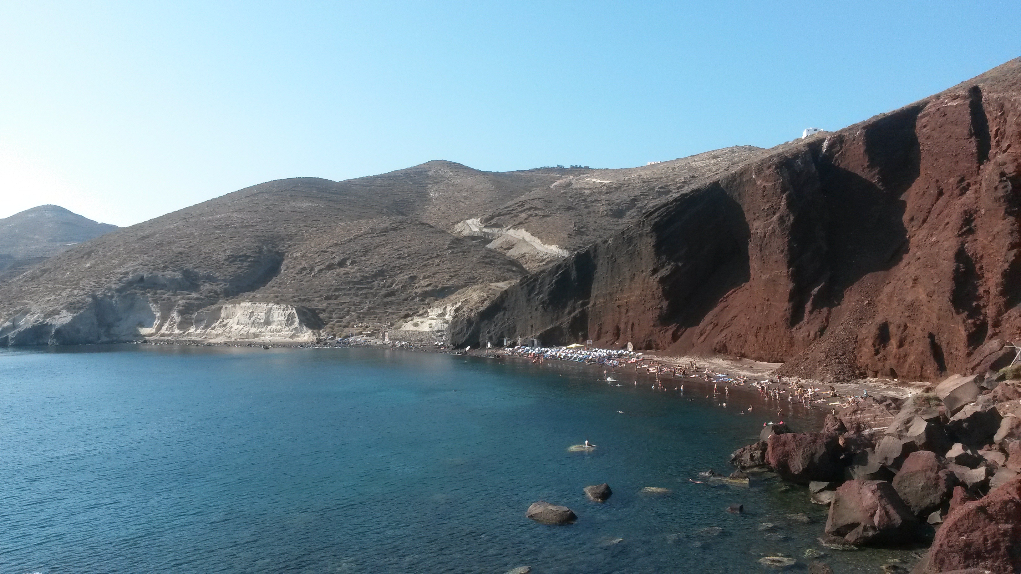 mountain, red beach, tranquility, tranquil scene, beauty in nature, solid, turquoise colored, sky, mountain range, land, 2K, travel destinations, santorini, HD Wallpaper