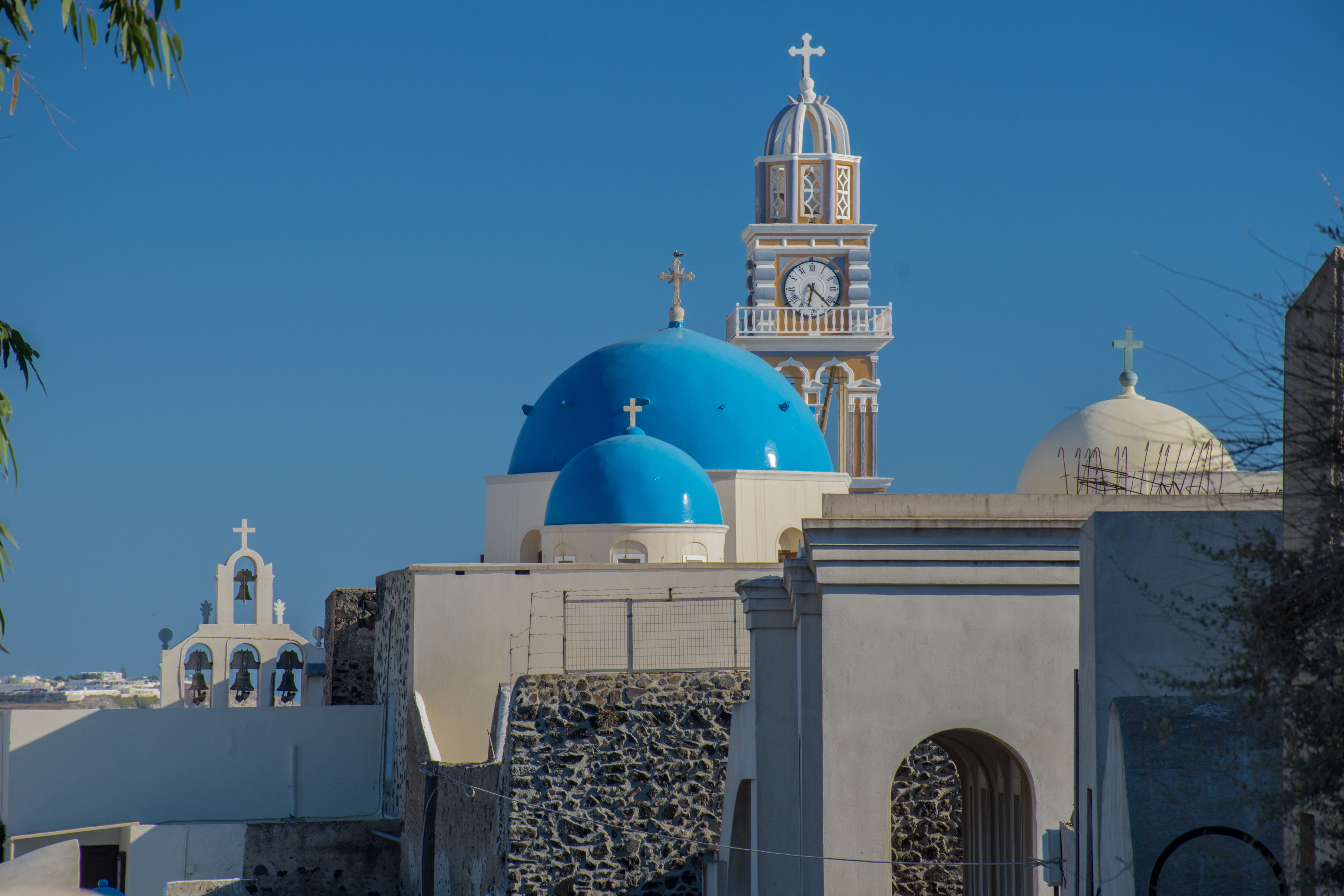 building exterior, belfries, greek island, religion, holidays, building, faith, place of worship, mediterranean, built structure, thira, clear sky, architecture, HD Wallpaper