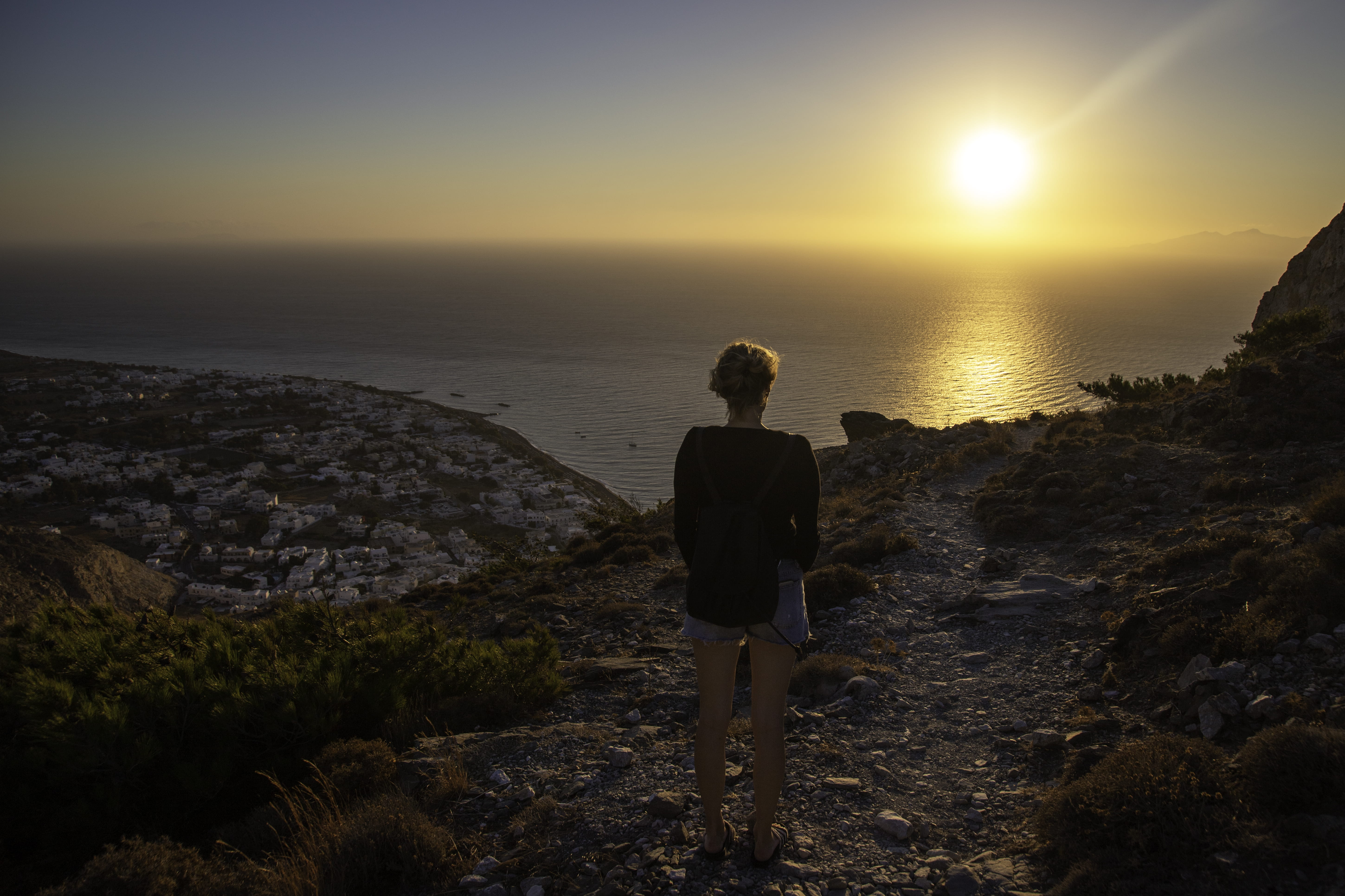 dawn, outdoors, leisure activity, style, horizon over water, rear view, greece, sky, one person, tranquility, top, nature, s, non-urban scene, ocean, scenics - nature, HD Wallpaper