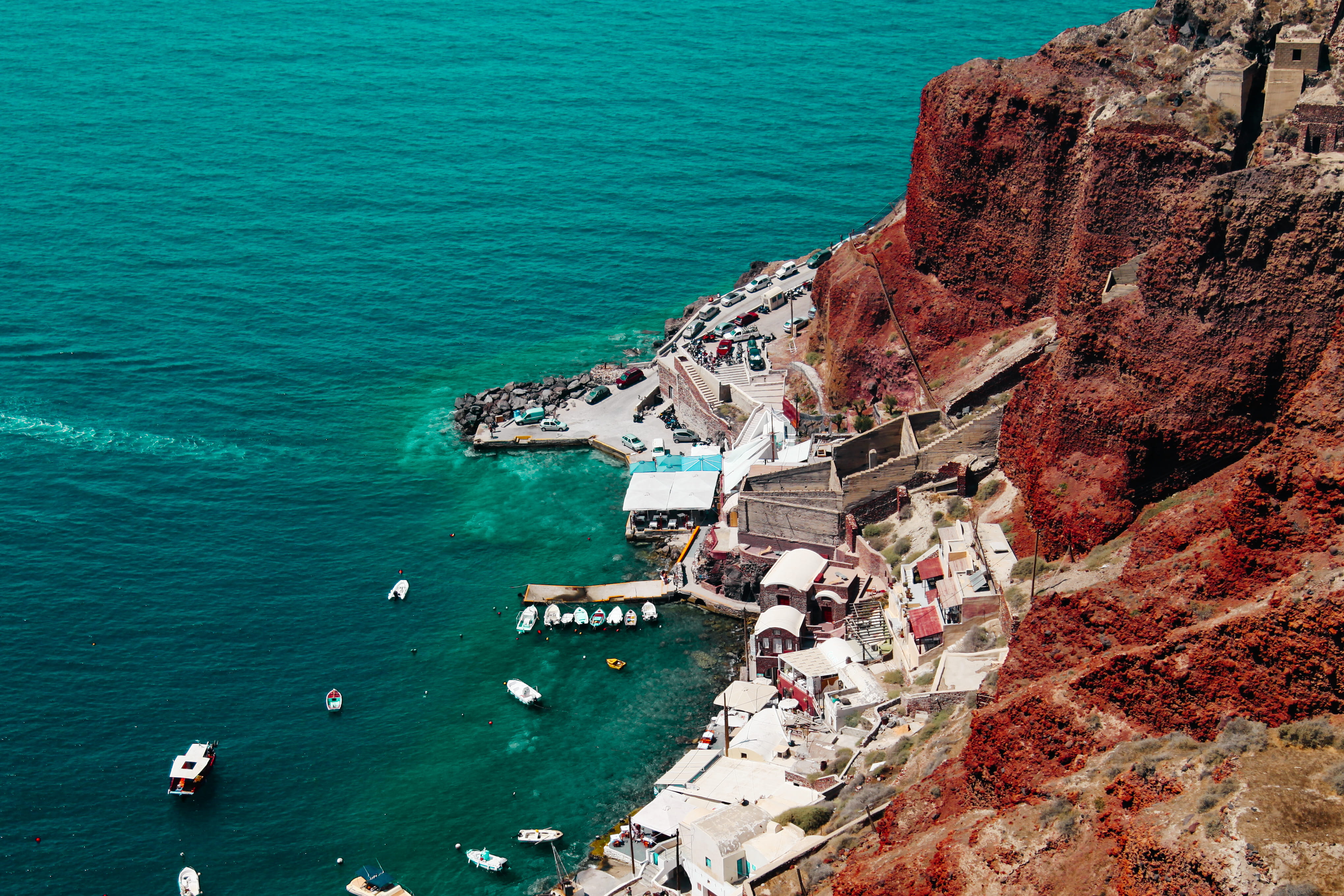 santorini, 4K, scenics - nature, architecture, rock - object, nautical vessel, solid, nature, built structure, sea, no people, transportation, rock formation, HD Wallpaper