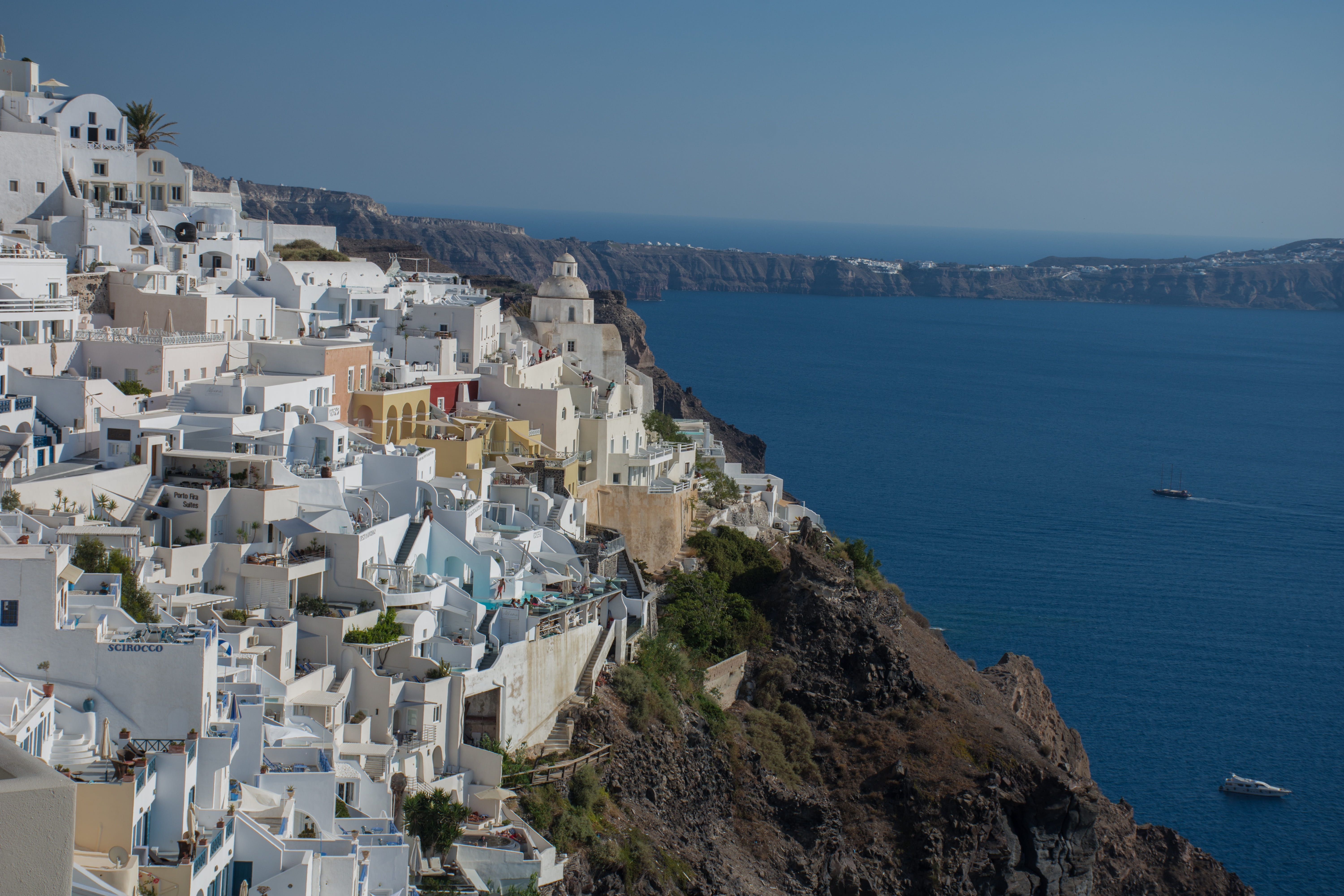 community, clear sky, people, building exterior, summer, nature, cliff, sky, high angle view, holiday, townscape, houses, romantic, greece, land, thira, HD Wallpaper