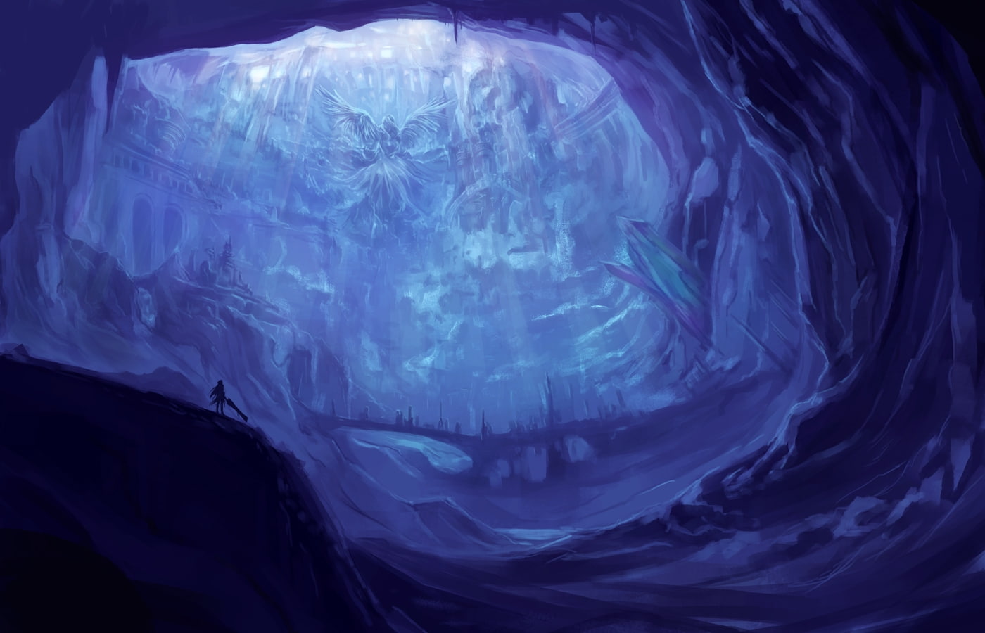 backgrounds, frozen, fantasy world, pattern, snow, blue, nature, 720P, environment, underground city, warrior, full frame, statue, tranquility, outdoors, HD Wallpaper
