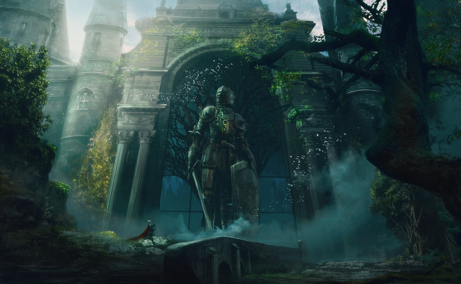 fantasy art, statue, warrior, fantasy, Knight, shield, gates, 1080P, artwork, digital art, sword, trees, weapon, armor, castle, HD Wallpaper
