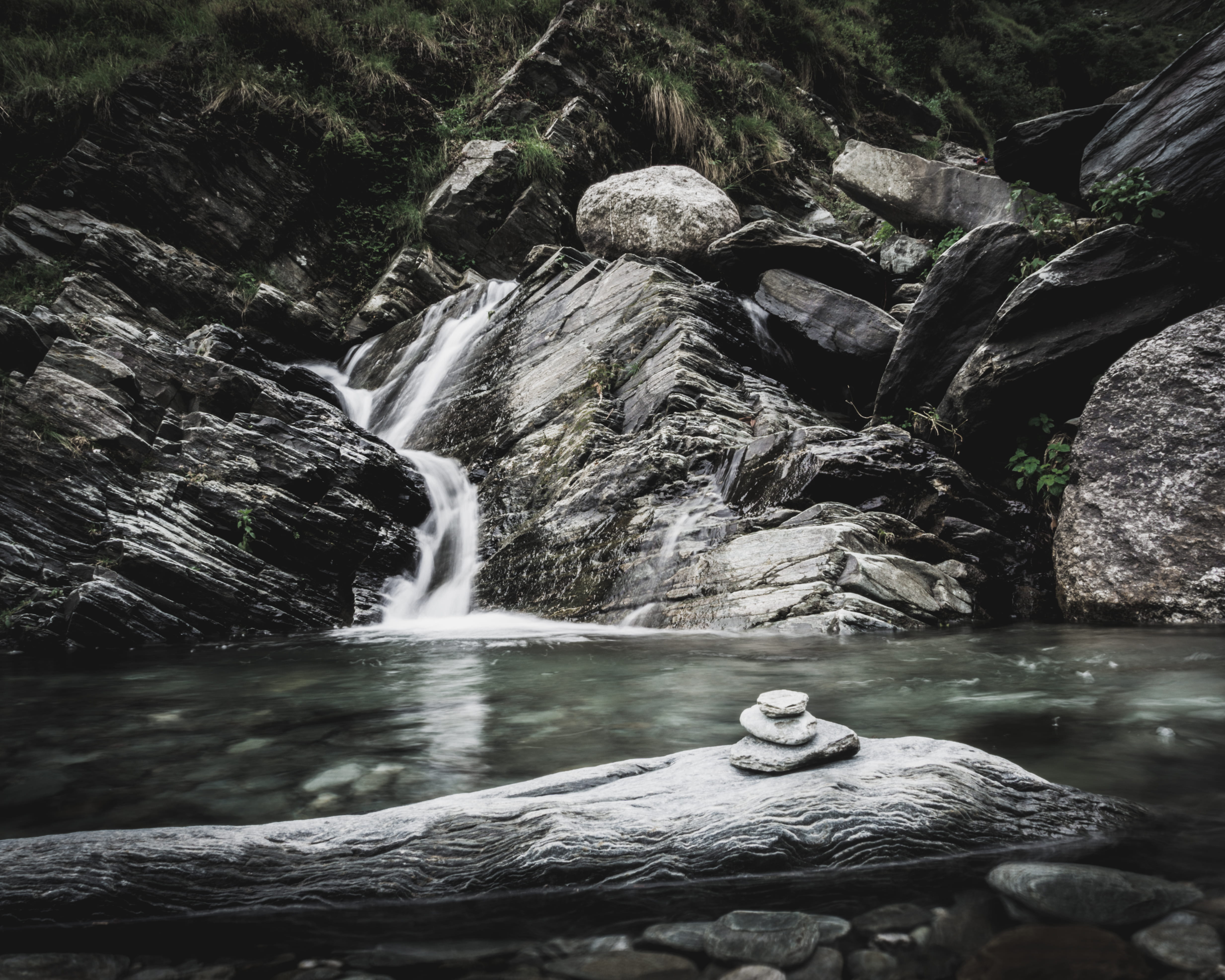 near, stream, three, grass, no people, animal, rock - object, day, moody, scenics - nature, fall, waterfall, long exposure, lake, solid, water, HD Wallpaper