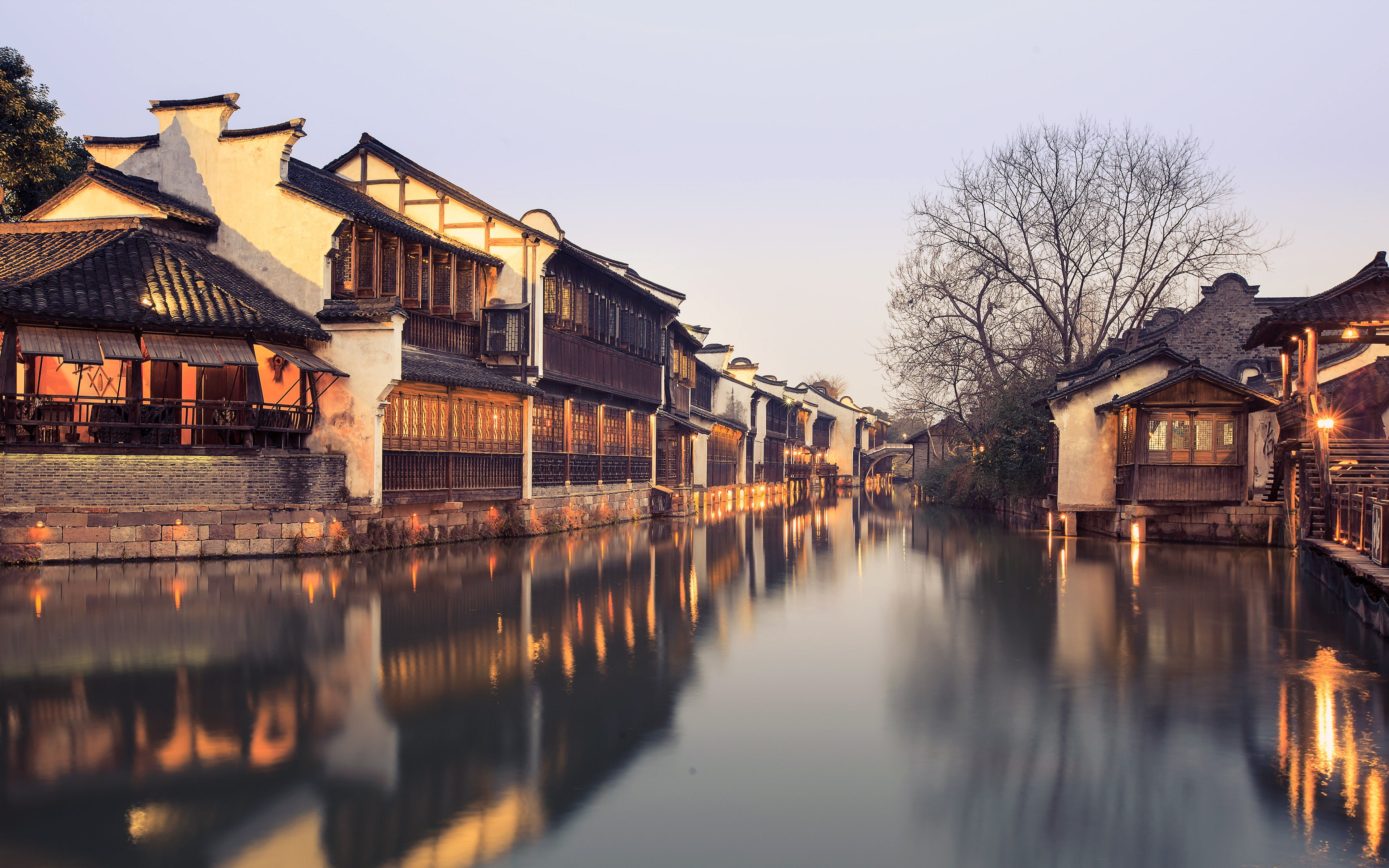 row house, sky, plant, canal, tree, residential district, night, nature, house, no people, 4K, waterfront, reflection, wuzhen, built structure, building, HD Wallpaper