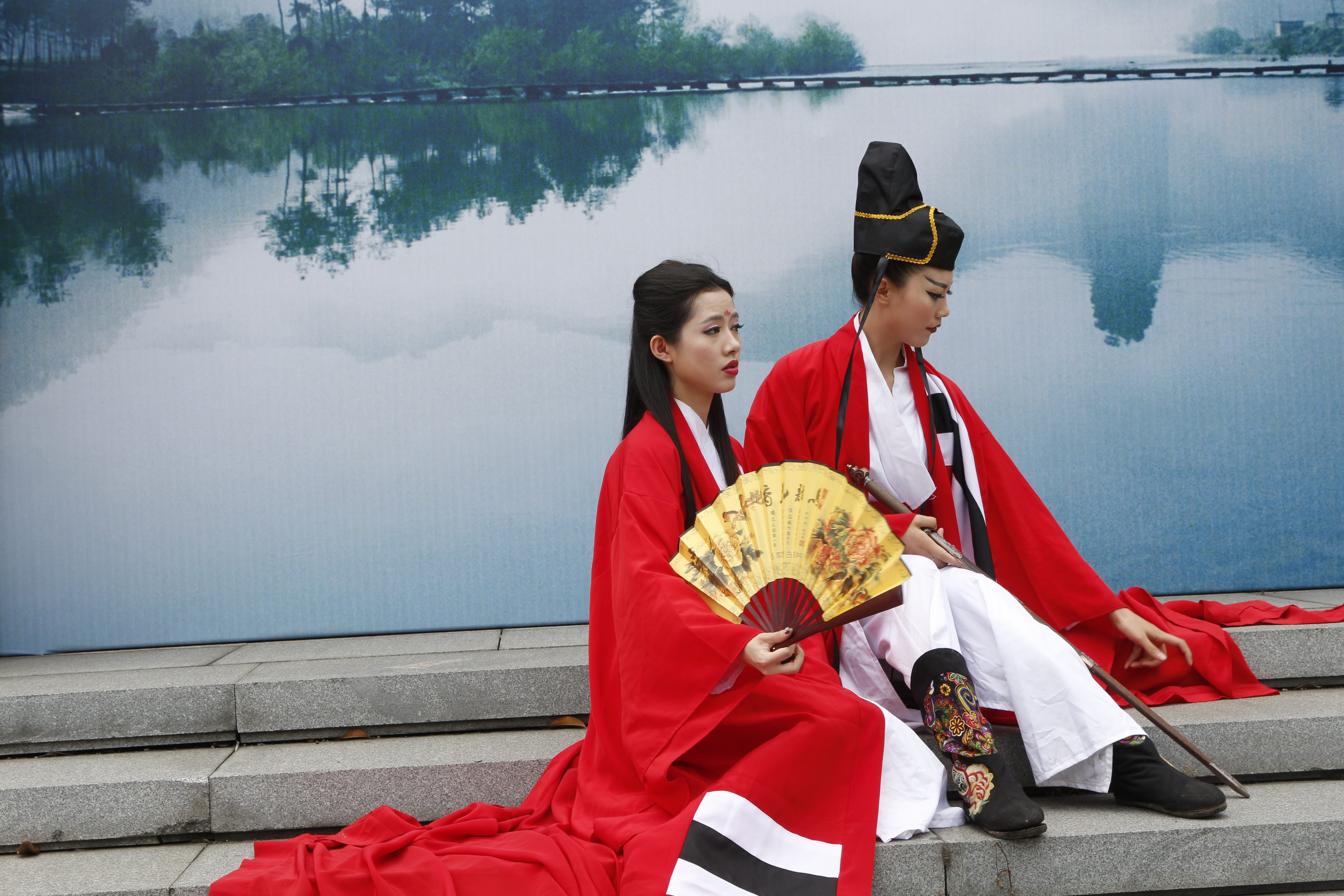 men, swordsman, fan, girls, sport, water, child, togetherness, nature, offspring, body, wearing, three quarter length, front, outdoors, red, sitting, jiangnan, HD Wallpaper