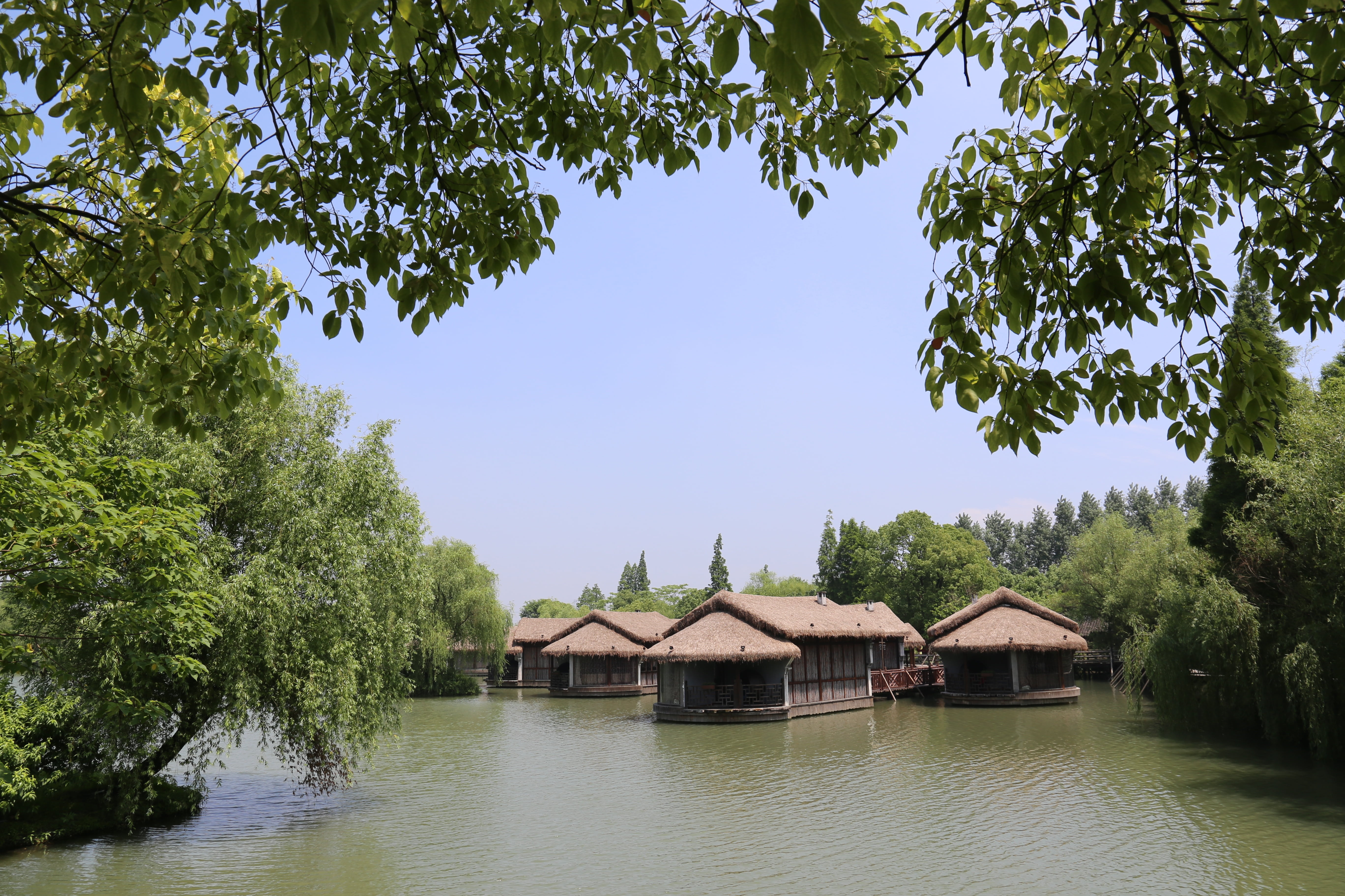 nature, day, growth, lake, watertown, no people, the ancient town, built structure, plant, waterfront, 5K, green color, sky, jiangnan, outdoors, building, HD Wallpaper
