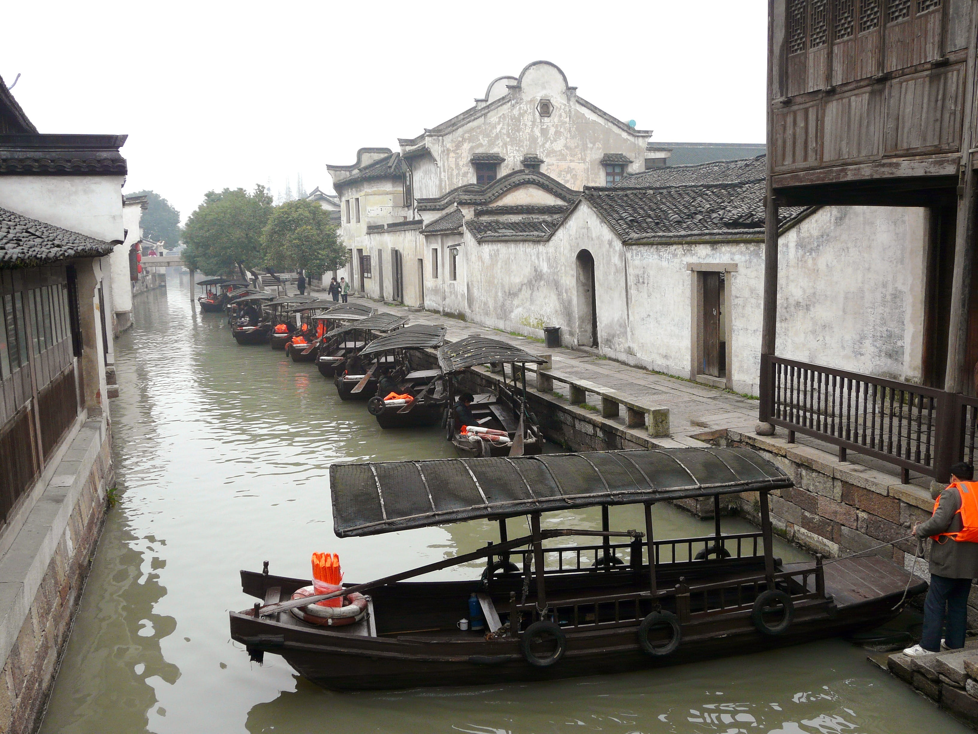 sky, 2K, river, outdoors, travel destinations, passenger craft, china, wooden, water town, wuzhen, nautical, day, water, nautical vessel, traditional house, HD Wallpaper