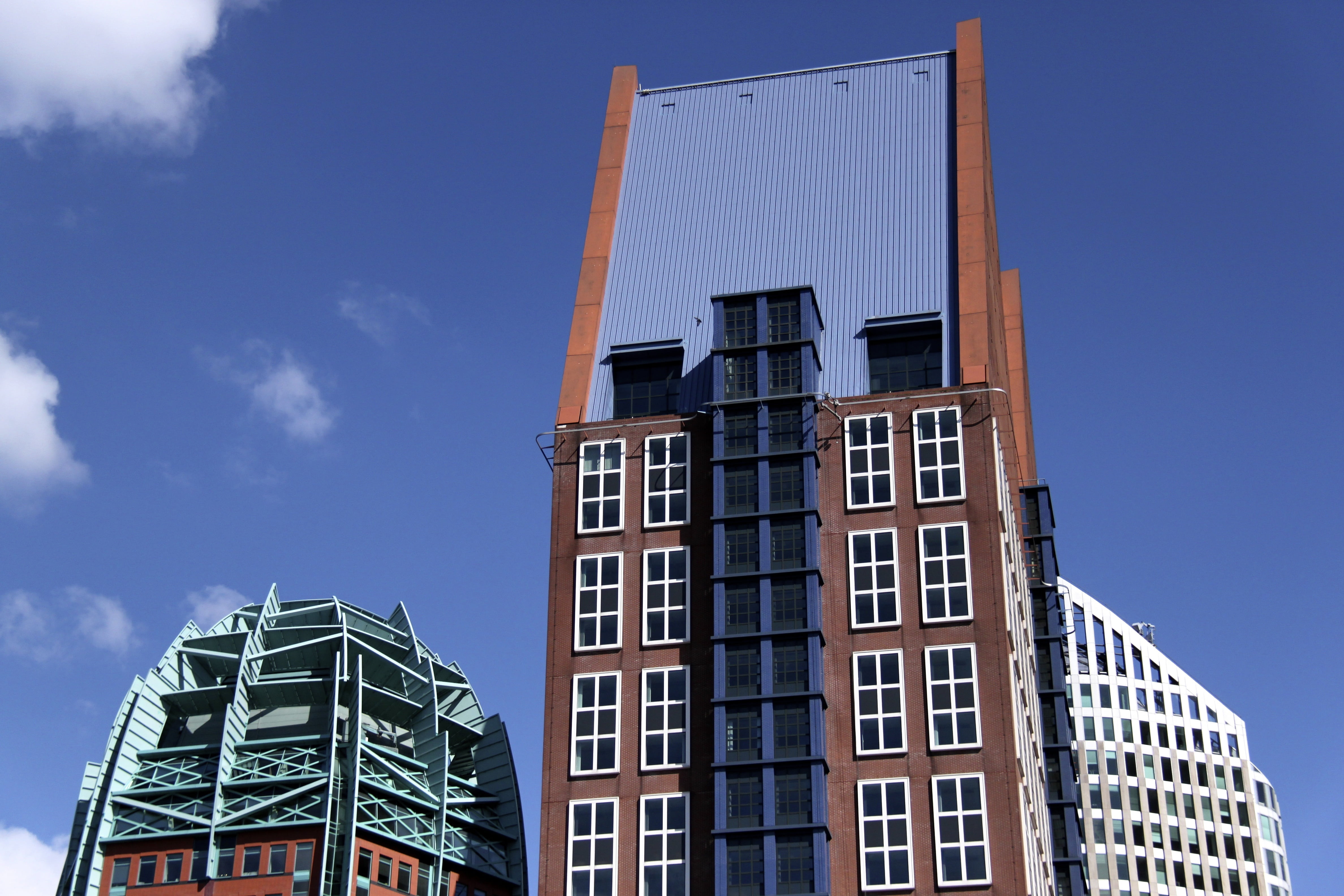low angle view, city, tower, office building exterior, day, architecture, clear sky, skyscraper, the hague, blue, sunny, nature, building, 4K, tall - high, HD Wallpaper