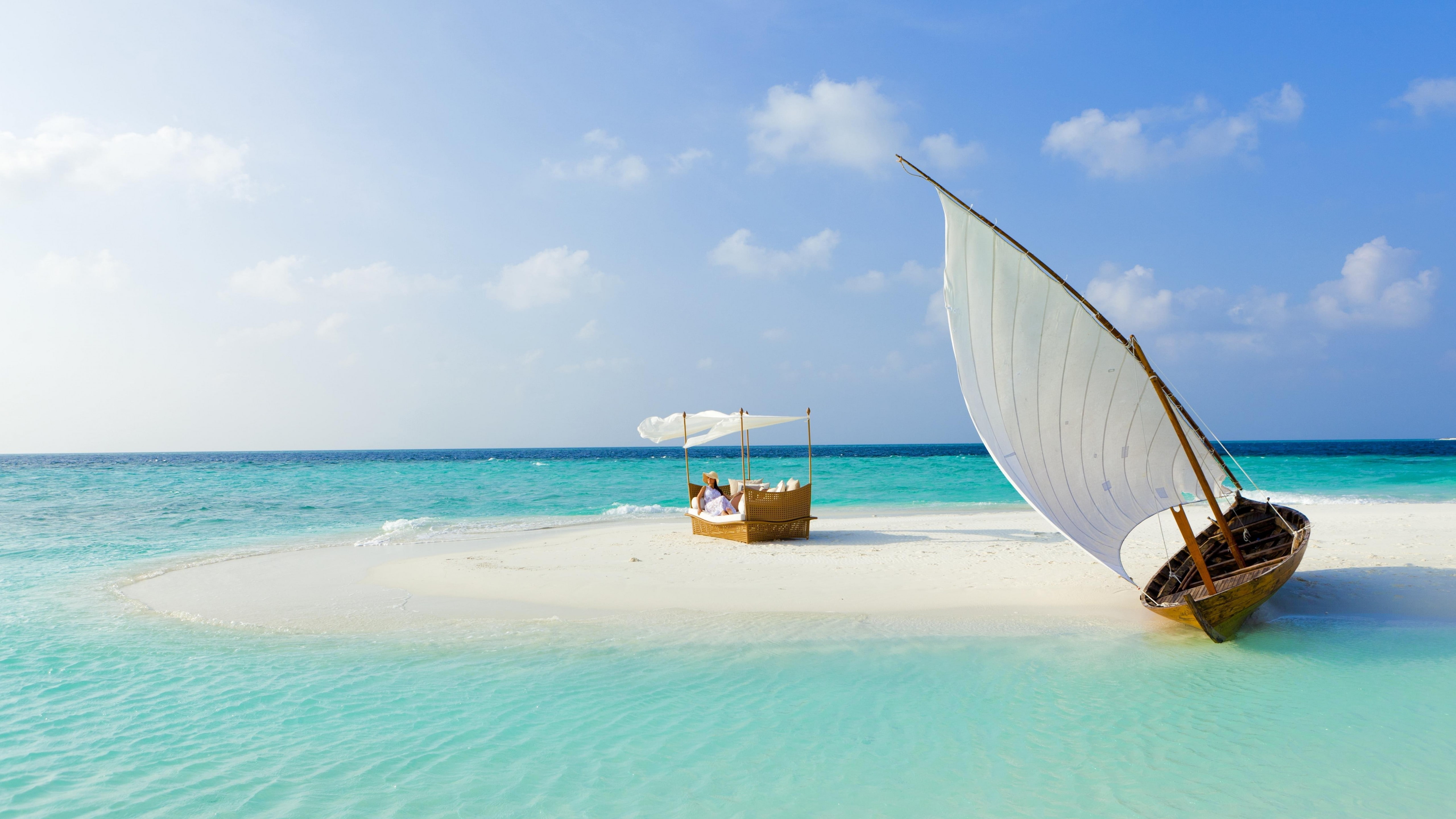 Baros Maldives, tourism, stall, clouds, sky, island, 5k, resort, travel, Best beaches of 2017, sea, food, water, vacation, sailboat, blue, HD Wallpaper