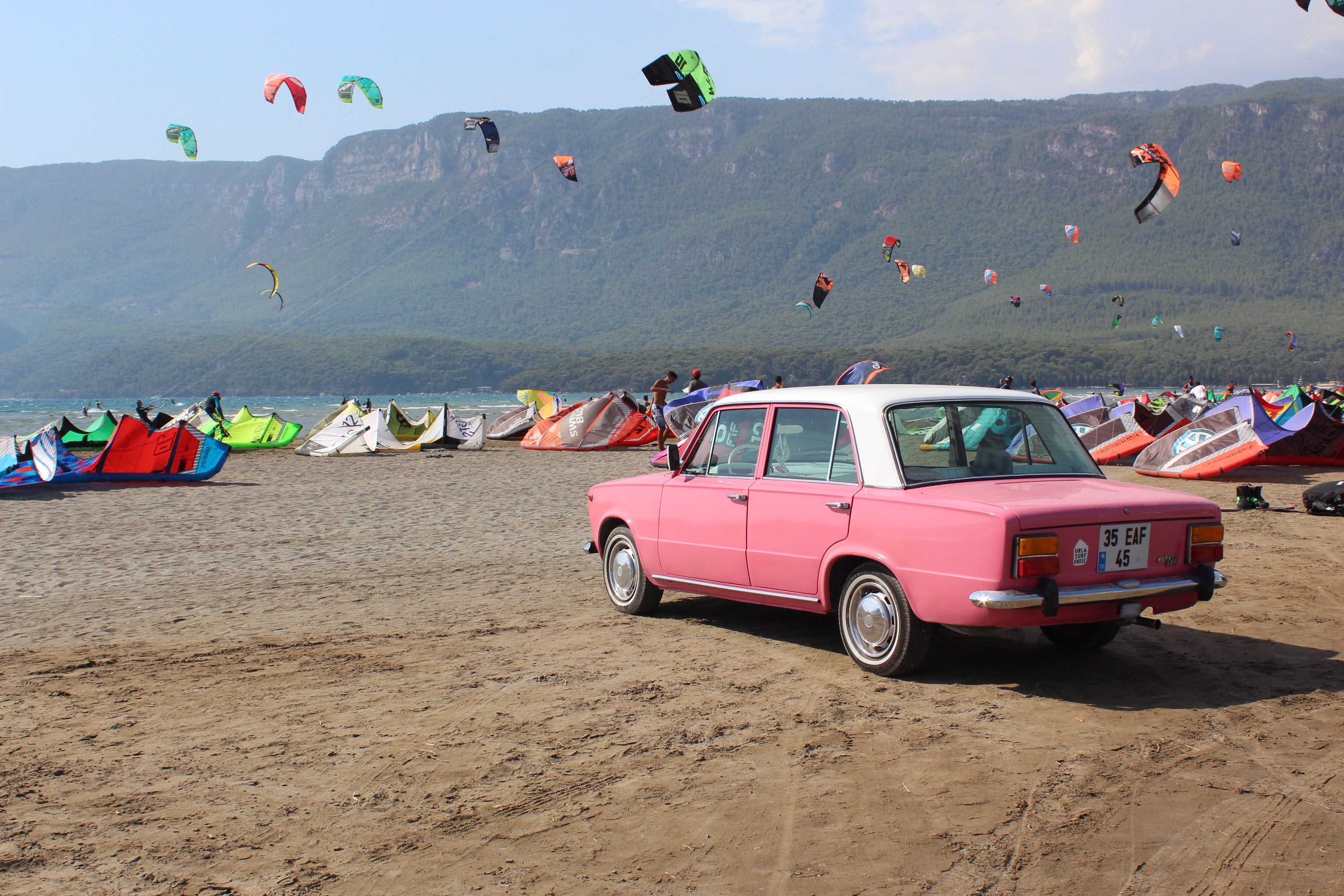 beach, pink car, murat 124, outdoor, tourist, landscape, doga, land vehicle, leisure activity, izmir, sunlight, sand, summer, land, marine, motor vehicle, HD Wallpaper