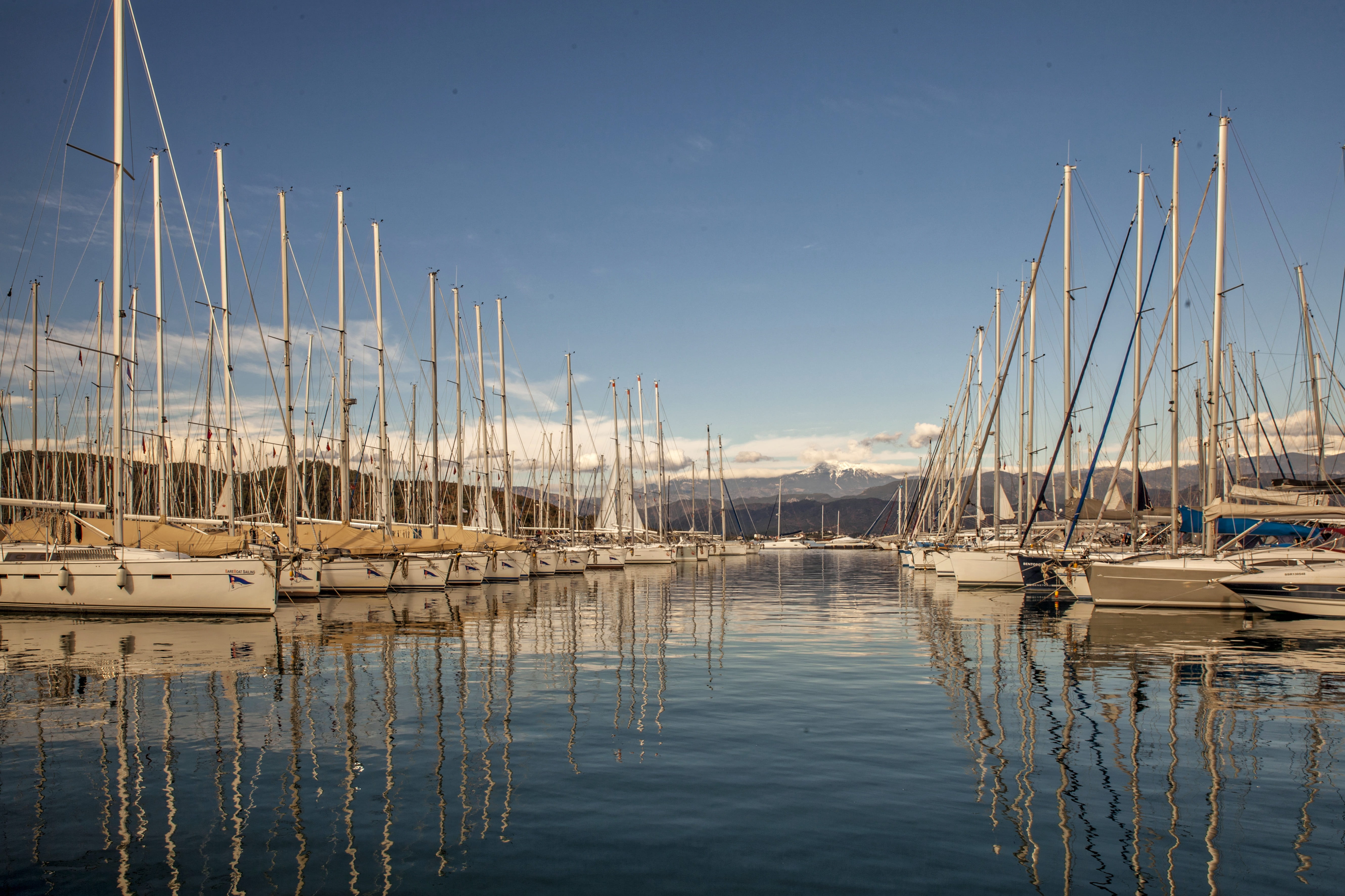 sailboat, fethiye, 5K, nautical vessel, blue, iskele, harbor, port, sea, water, reflection, tranquility, travel, mode of transportation, no people, yacht, HD Wallpaper