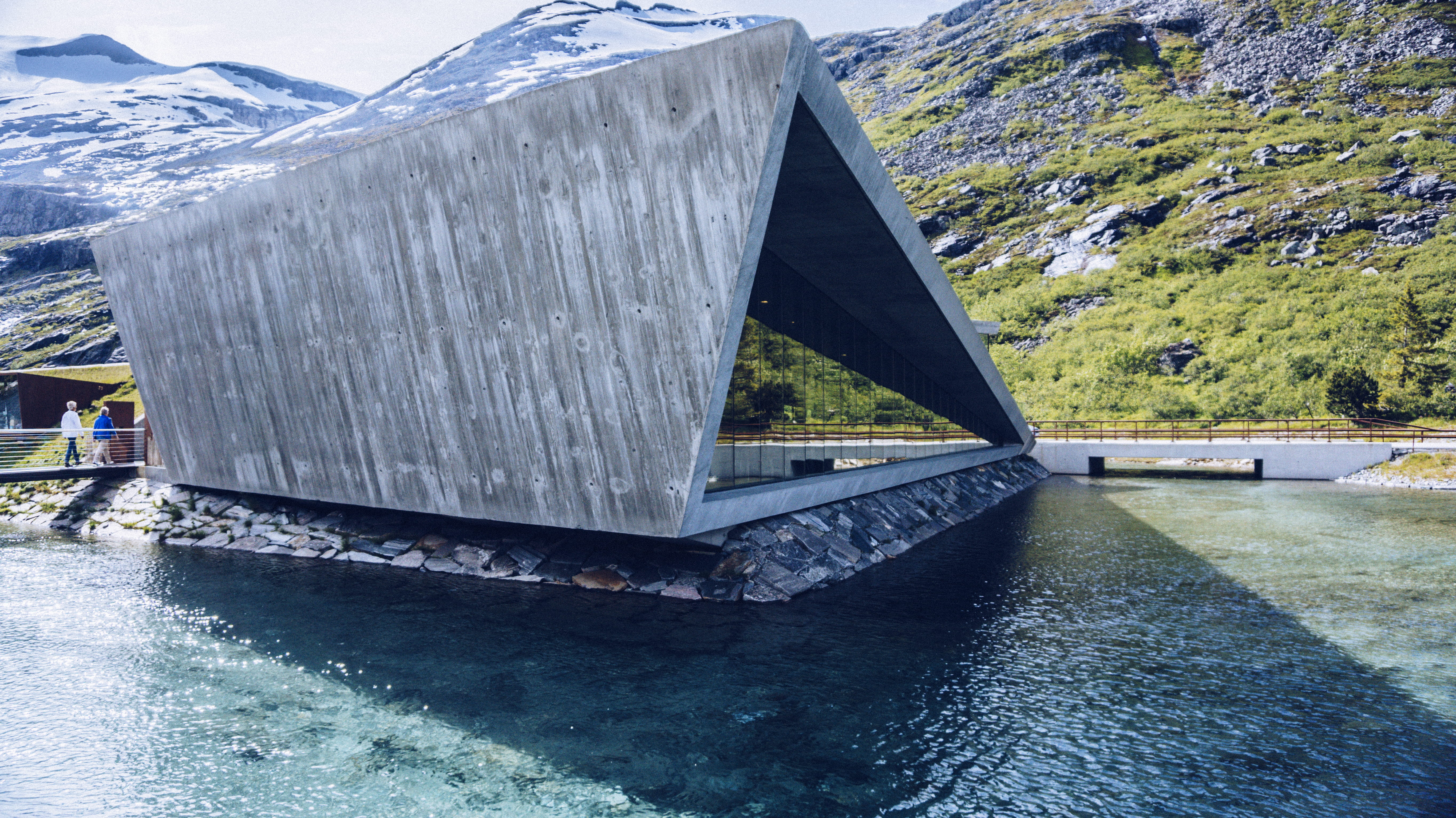outdoors, day, water, concrete, snowcapped mountain, stone, river, beauty in nature, norway, winter, trollstigen, built structure, glass, building, waterfront, HD Wallpaper