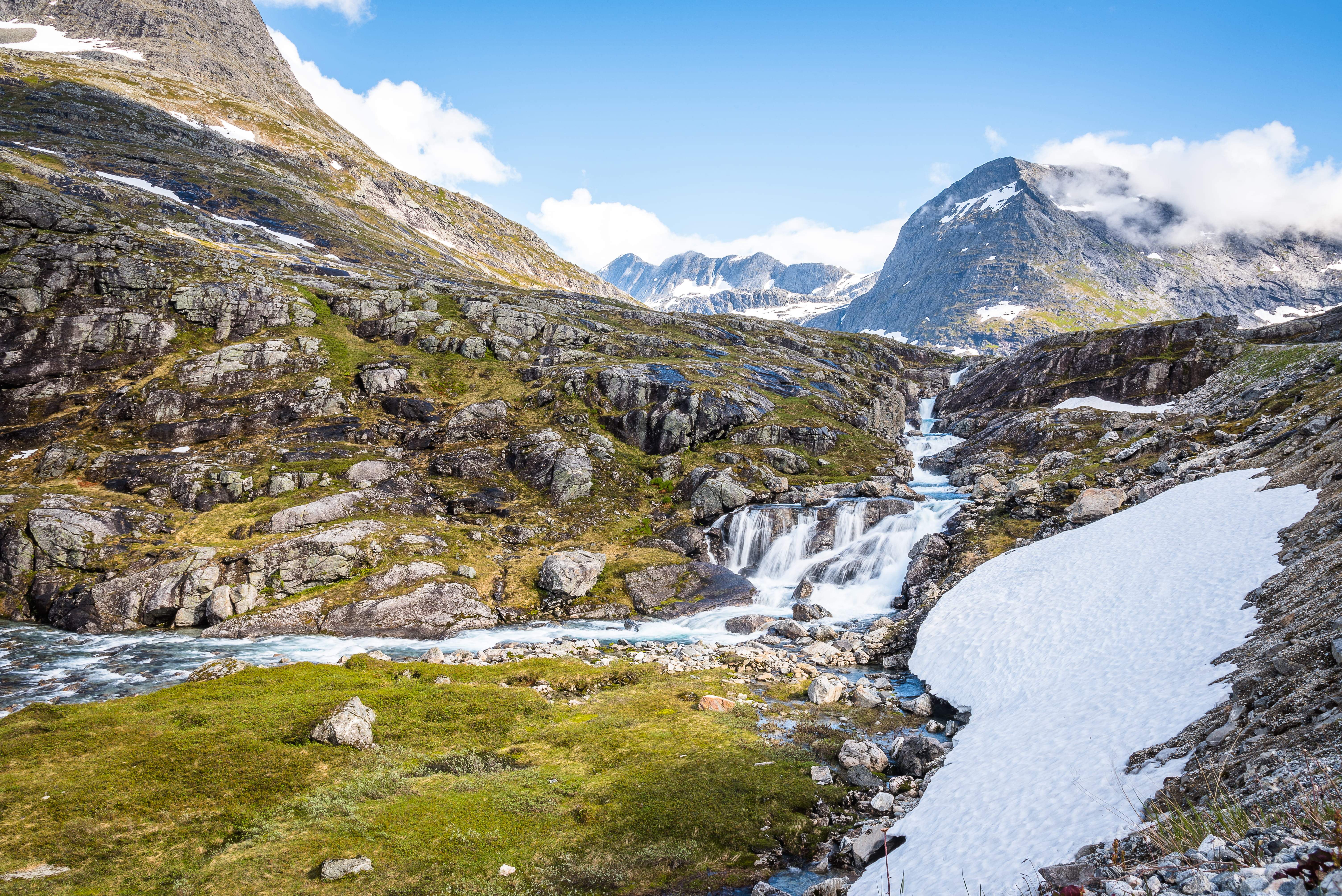 iceland, scenics - nature, day, plant, rock, green, norway, flowing, snow, nature, non-urban scene, mountains, river, cold temperature, 5K, water, mountain range, HD Wallpaper