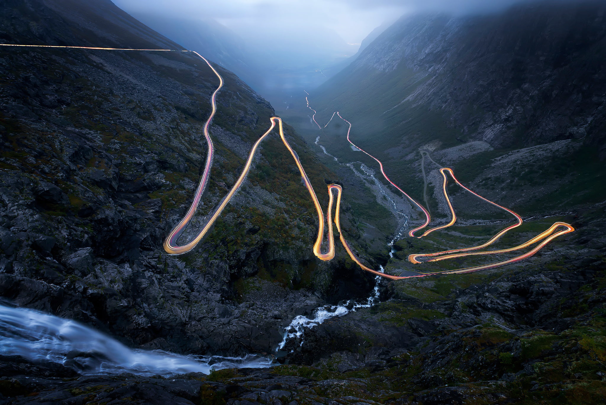 tranquil scene, winding road, water, landscape, transportation, outdoors, long exposure, 1080P, travel destinations, illuminated, mountains, non-urban scene, HD Wallpaper