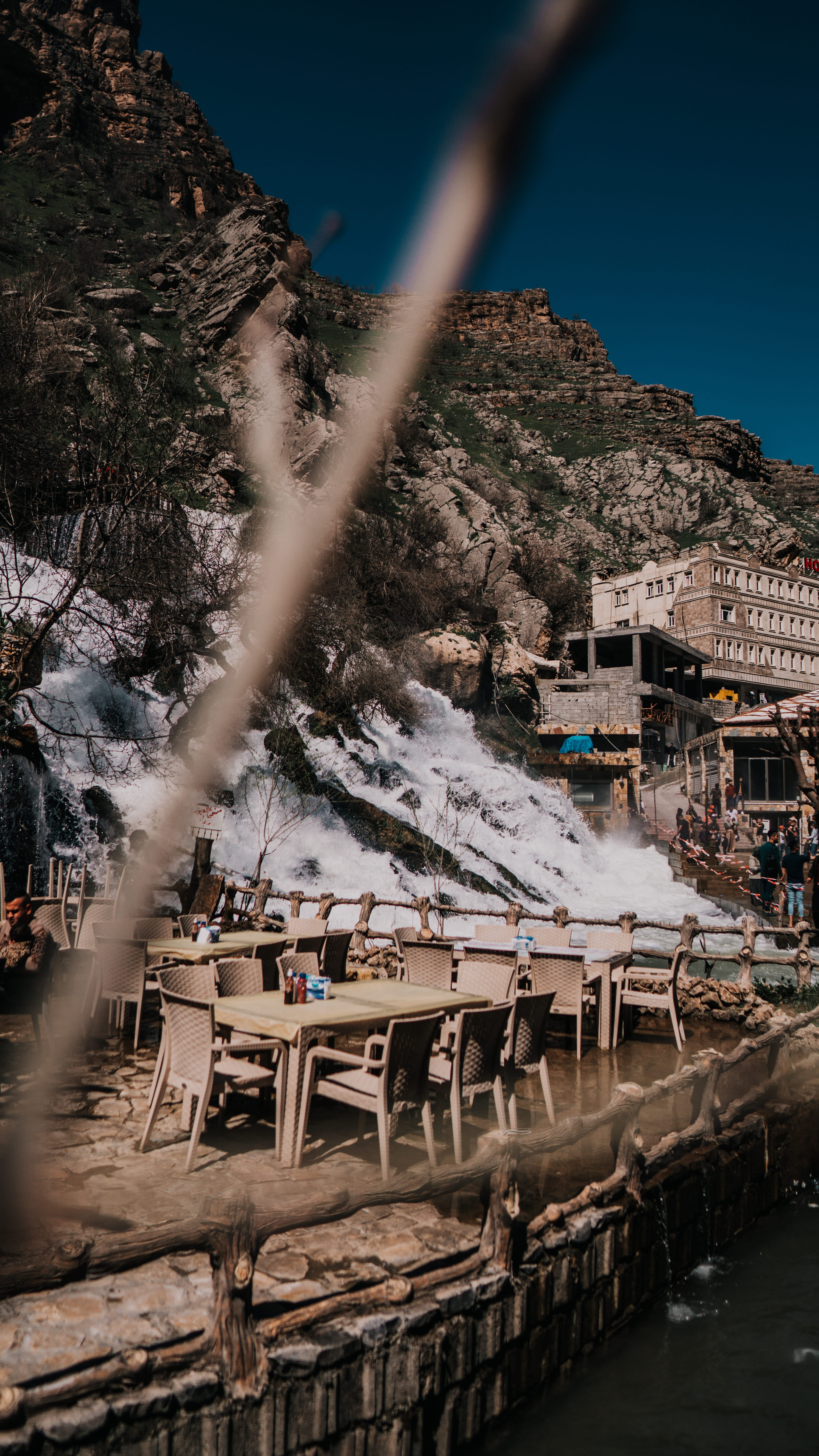 furniture, built structure, mode of transportation, sony, water, town, mountain, wood, land, city, architecture, real people, building exterior, table, Phone HD Wallpaper